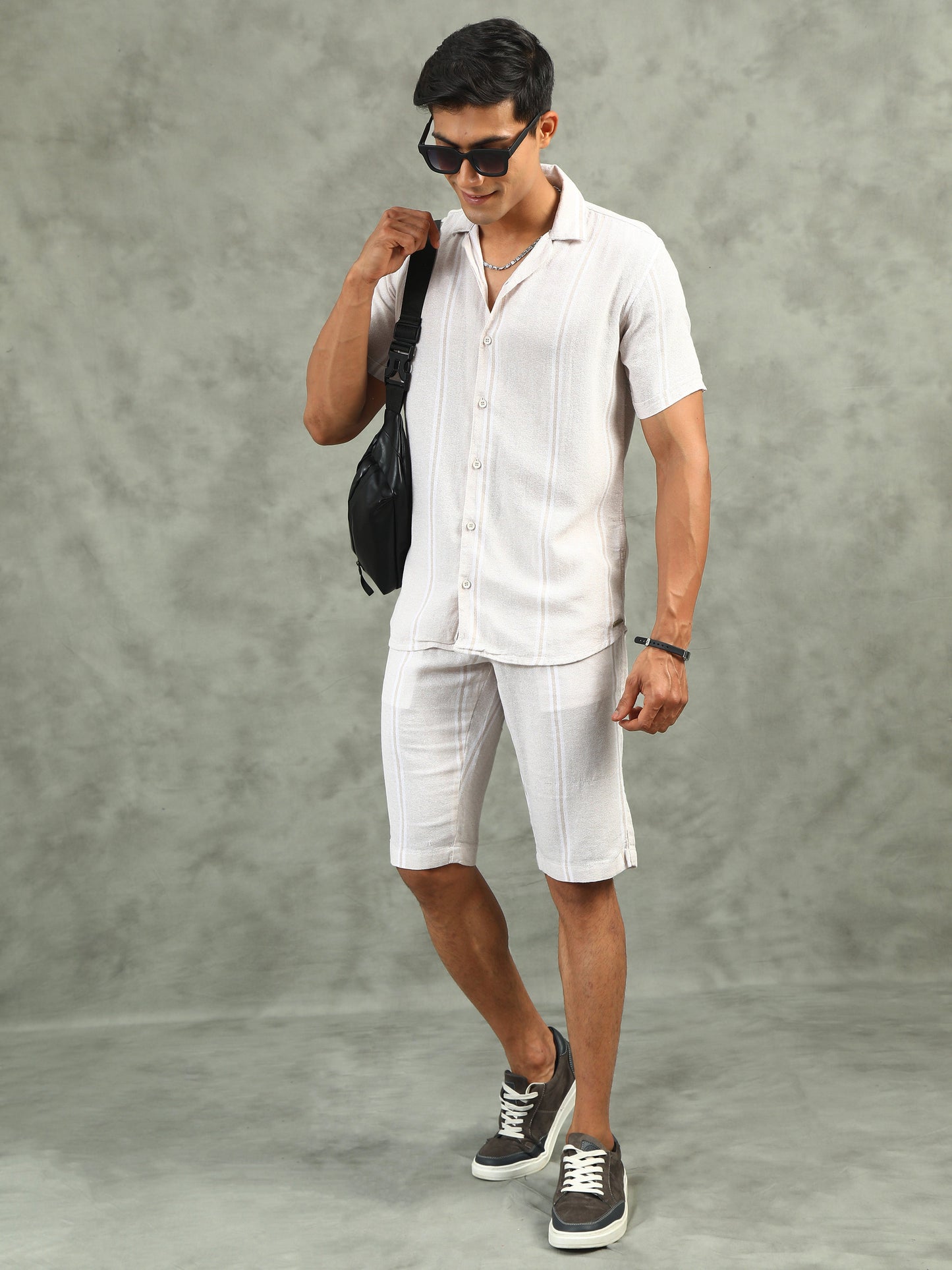Striped Cream Regular Fit Knee-Length Casual Co-ord Set