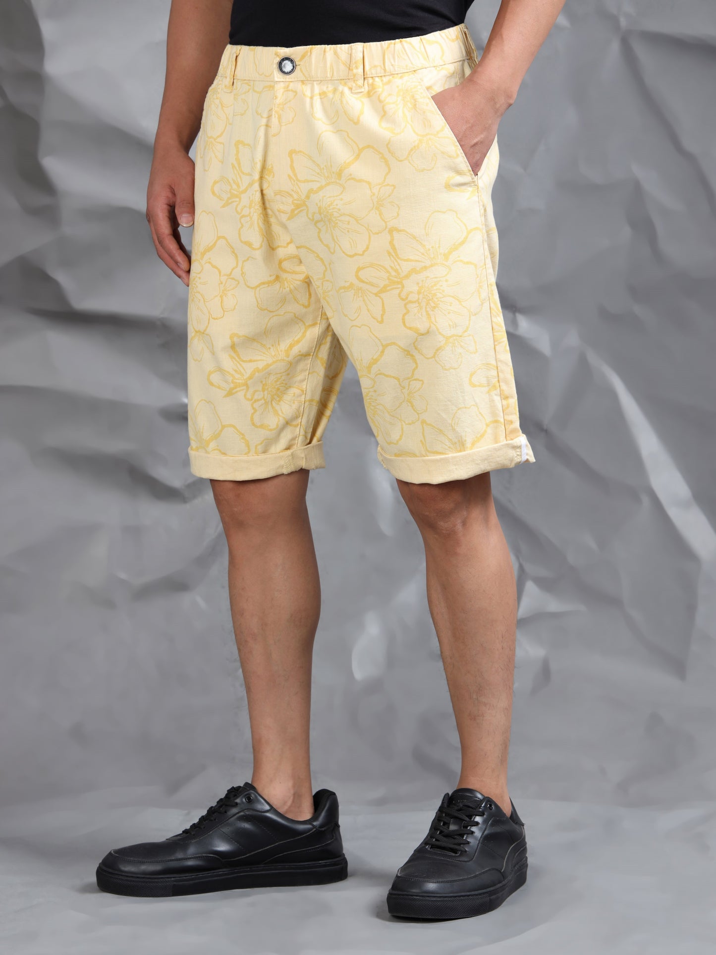 Cotton Lycra Casual Light Yellow Printed Shorts