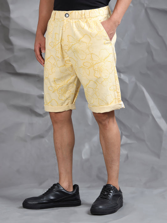Cotton Lycra Casual Light Yellow Printed Shorts