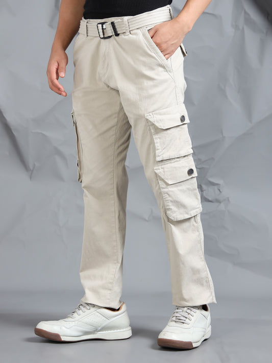 Cotton Lycra Sand  Mid Rise Cargo Pant with 7 Pockets