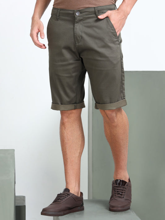 Printed Cotton Lycra Olive Shorts