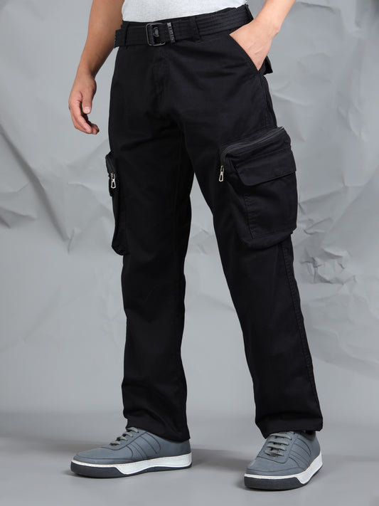 Cotton Lycra  Black Mid Rise Cargo Pant with 8 Pockets