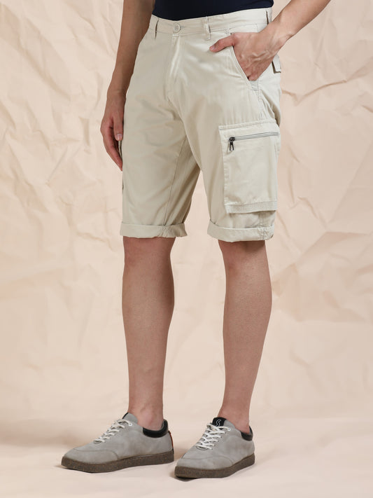 Solid Beige Cotton Shorts