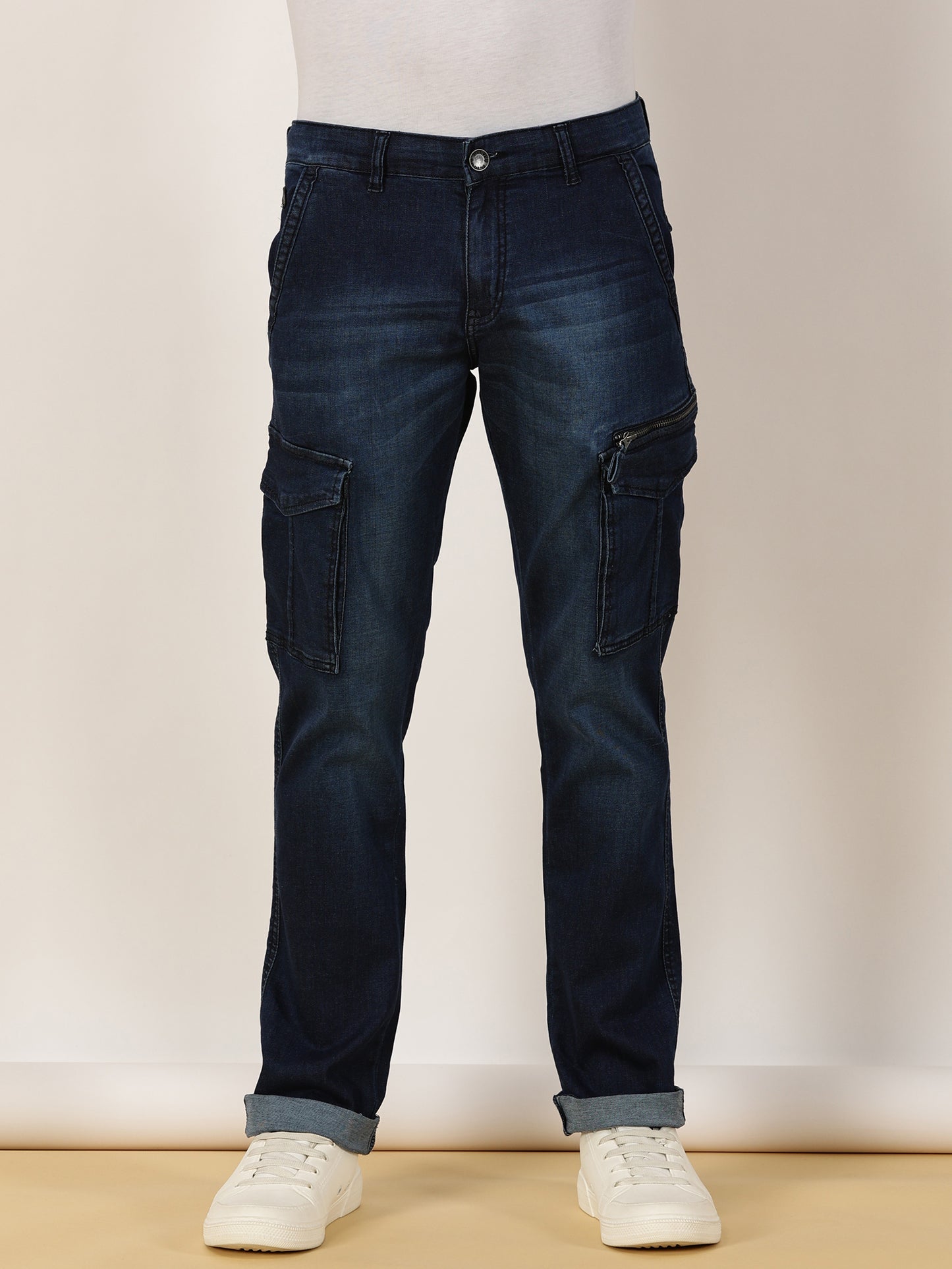 Multi Pocket Stretchable Dark Blue Denim Cargo