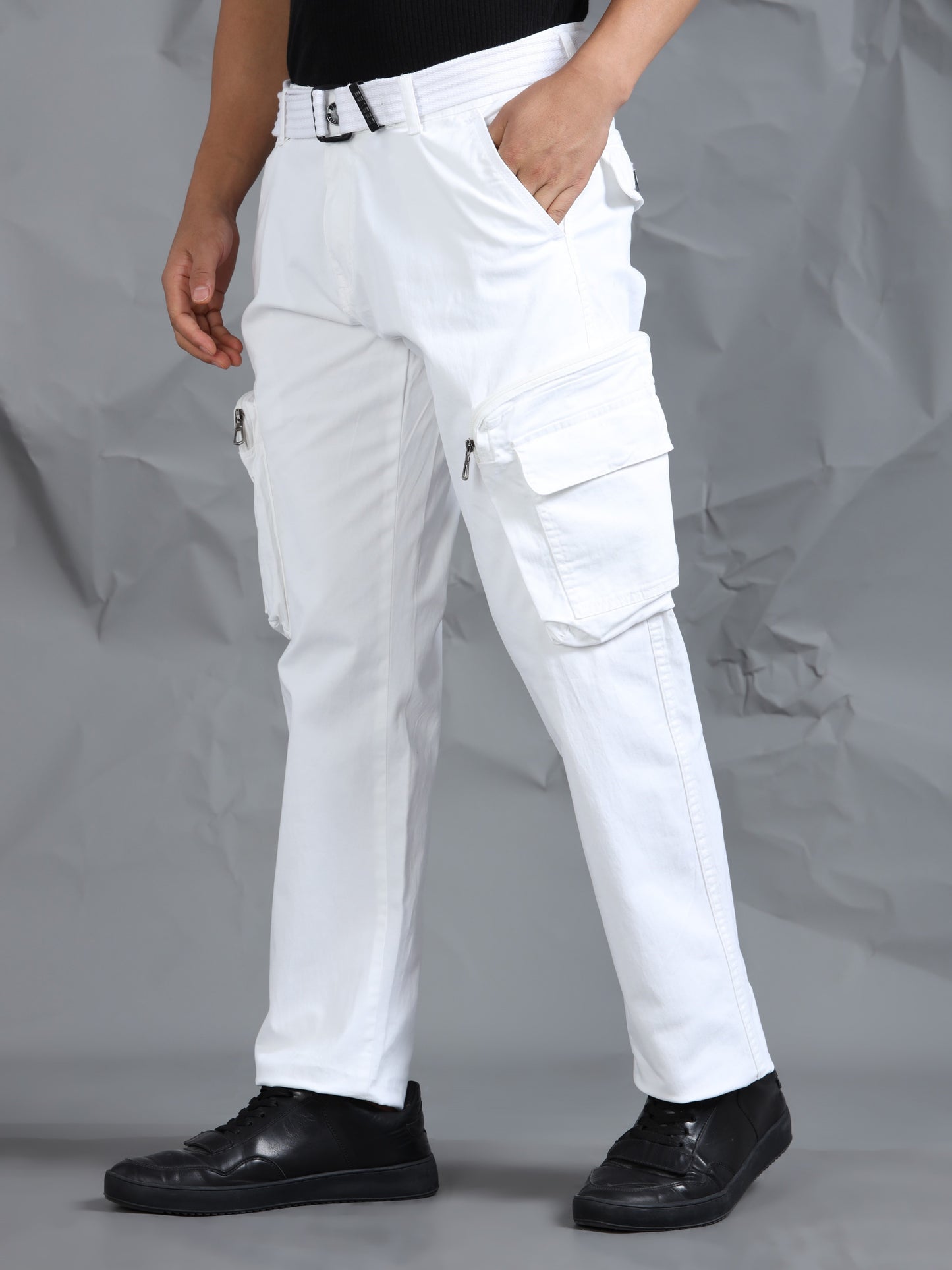 Cotton Lycra  White Mid Rise Cargo Pant with 8 Pockets