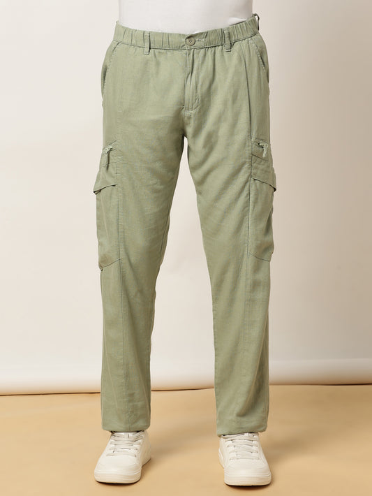 Linen Elasticated Waist Zip Pocket Green Lounge Pants