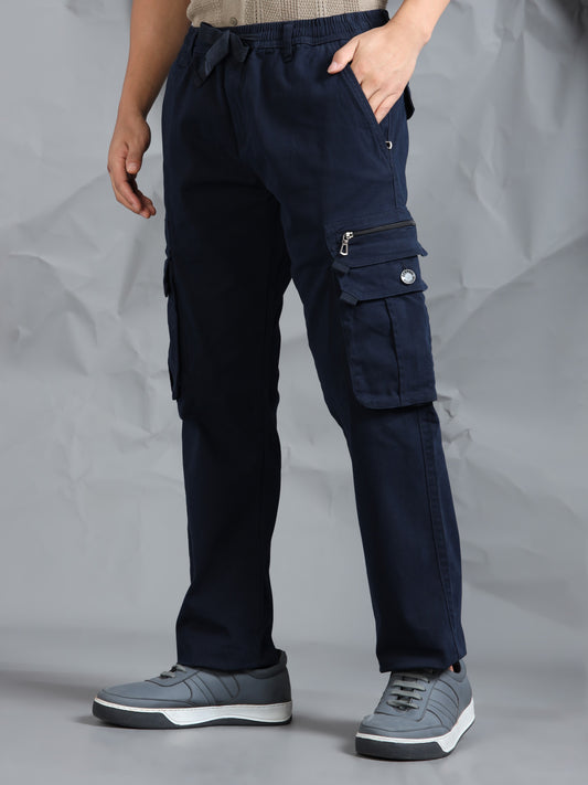 Cotton Lycra Navy Blue  Mid Rise Cargo Pant with 7 Pockets  Drawstring Closure