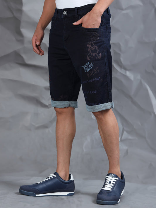 Cotton Navy Text Printed Casual Shorts