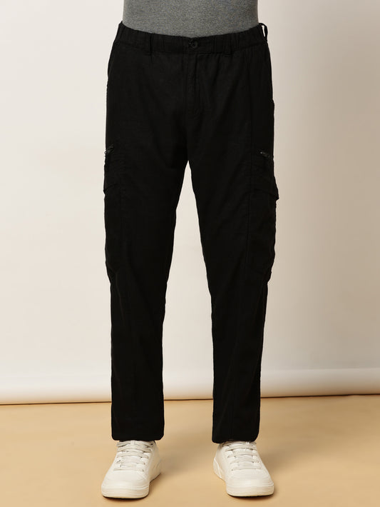 Linen Elasticated Waist Zip Pocket Black Lounge Pants