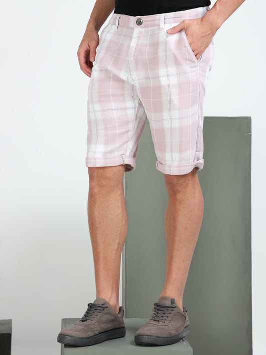 Pink Yarn Dyed Cotton Checkered Shorts