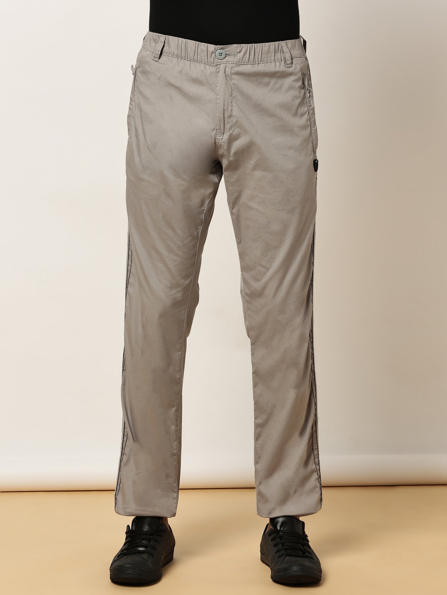 Elasticated Waist Zip Pocket Stretchable Light Grey Lounge Pants with Side Tape