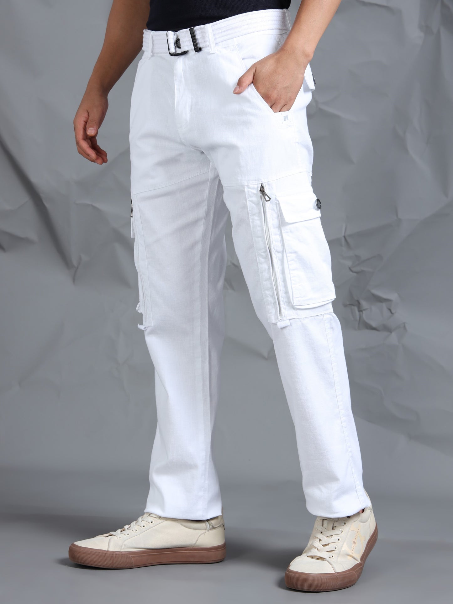 Cotton Lycra  White Mid Rise Cargo Pant with 8 Pockets