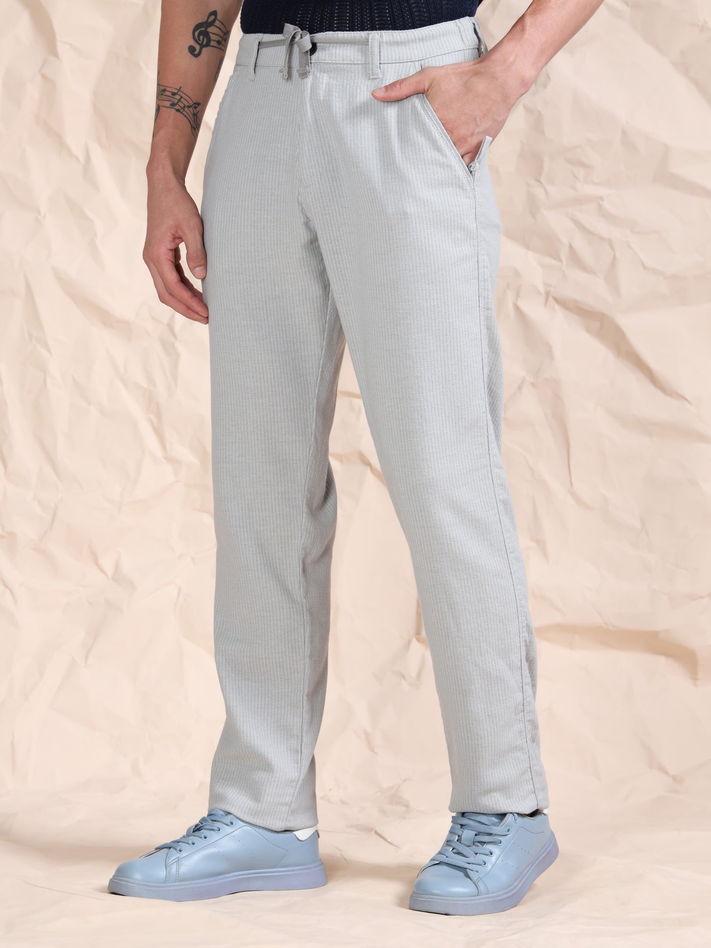 DK Grey Cotton Striped Mid Rise Pyjama