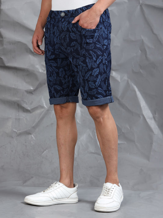 Men's Indigo Printed Cotton Lycra Mid-Rise Casual Shorts