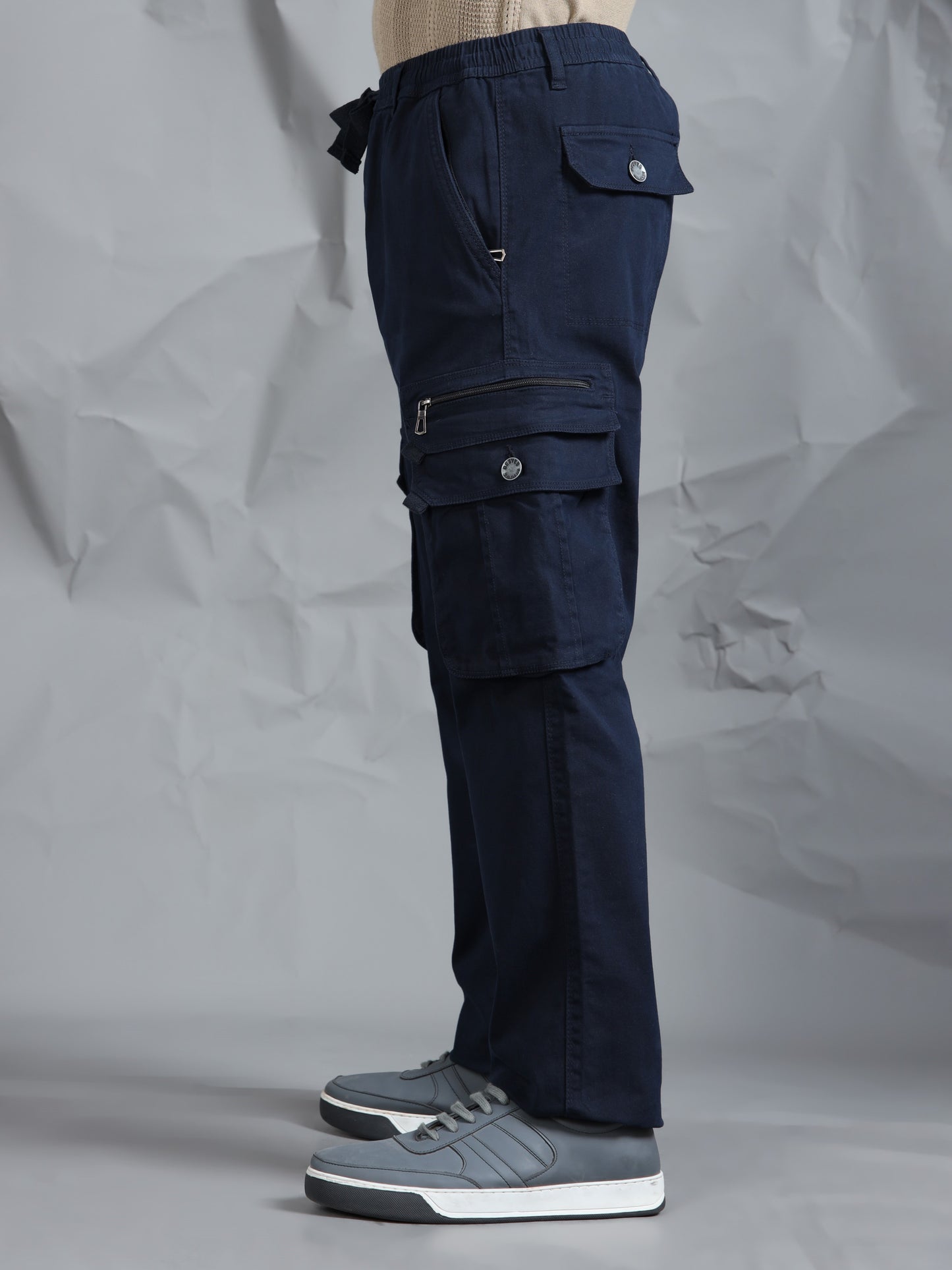 Cotton Lycra Navy Blue  Mid Rise Cargo Pant with 7 Pockets  Drawstring Closure