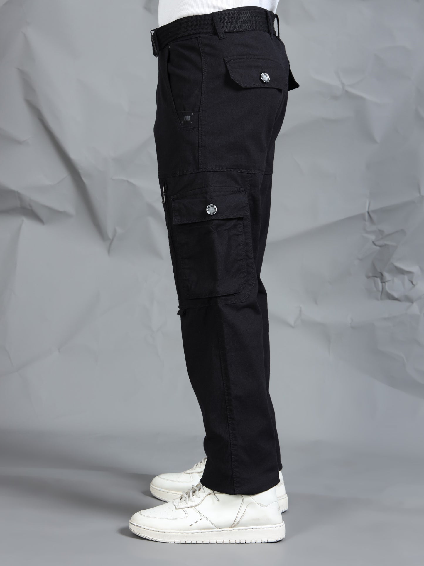Cotton Lycra  Black Mid Rise Cargo Pant with 8 Pockets