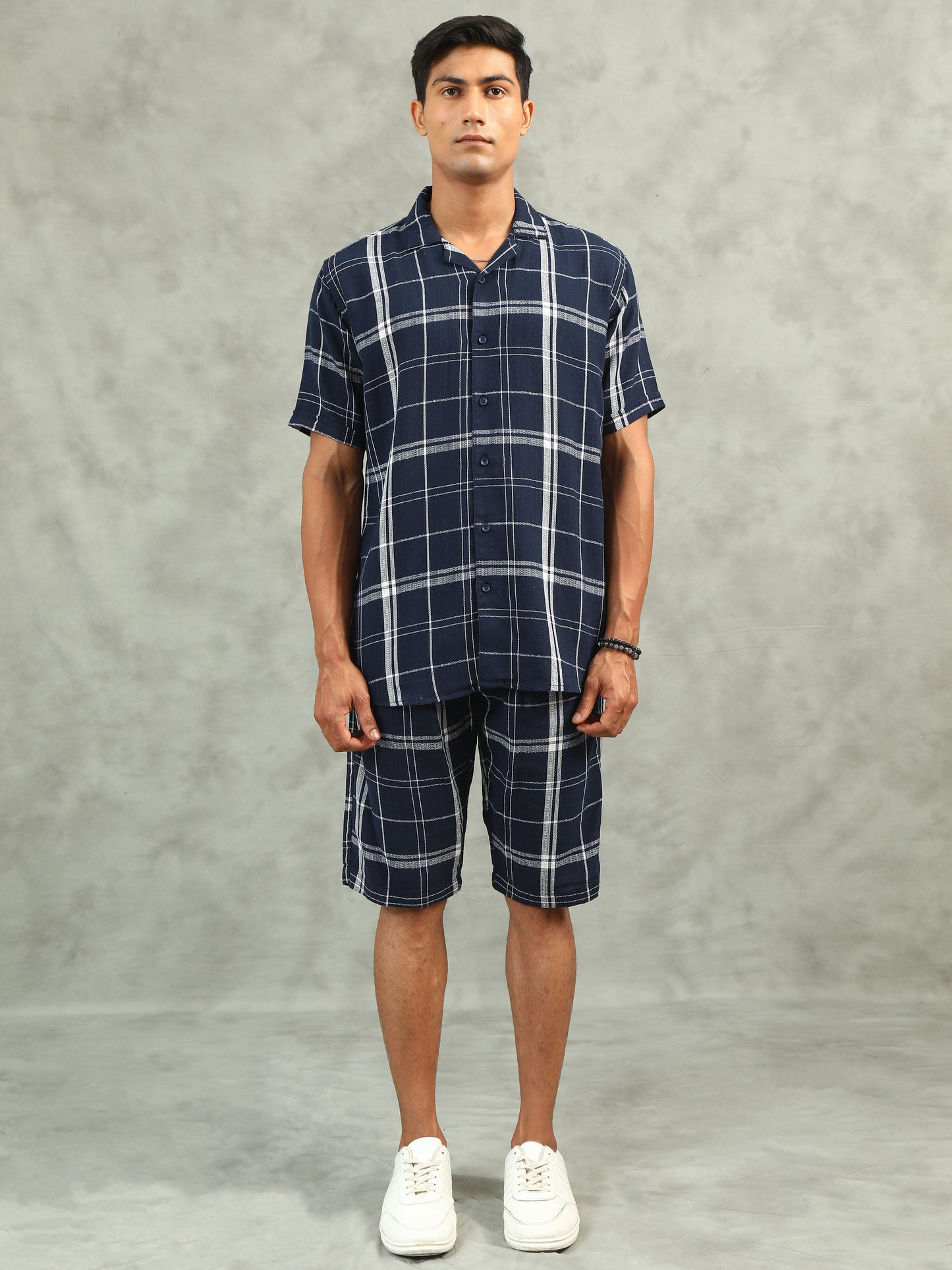 Checkered Navy Regular Fit Knee-Length Casual Co-ord Set