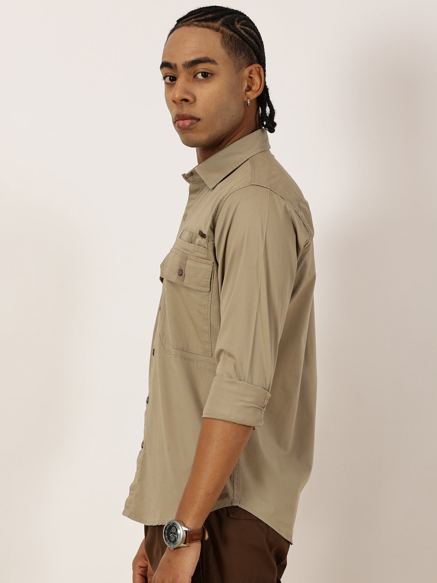 Double Pocket Stretchable Beige Cargo Shirt