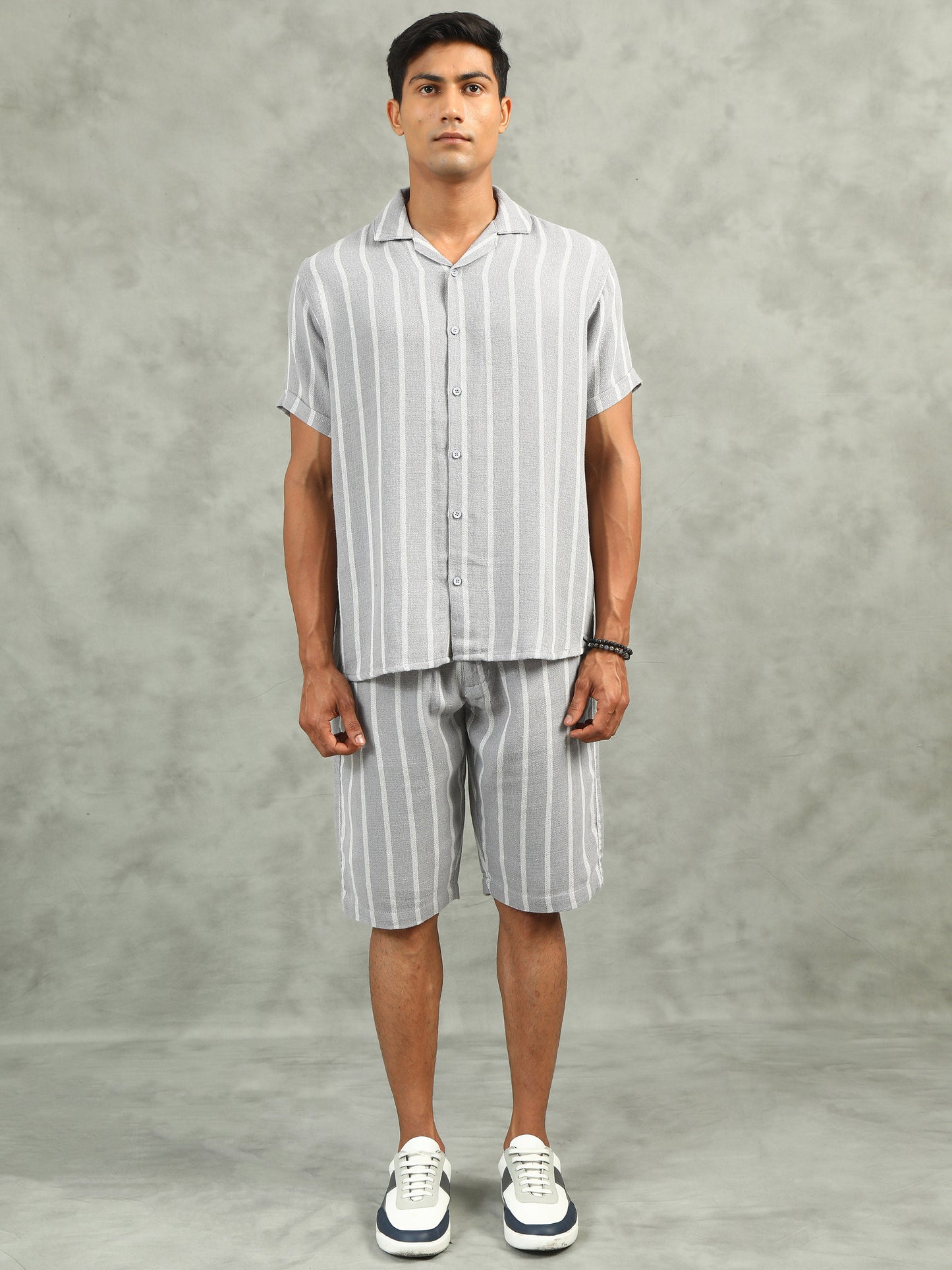 Grey Regular Fit Striped Co-Ord Sets