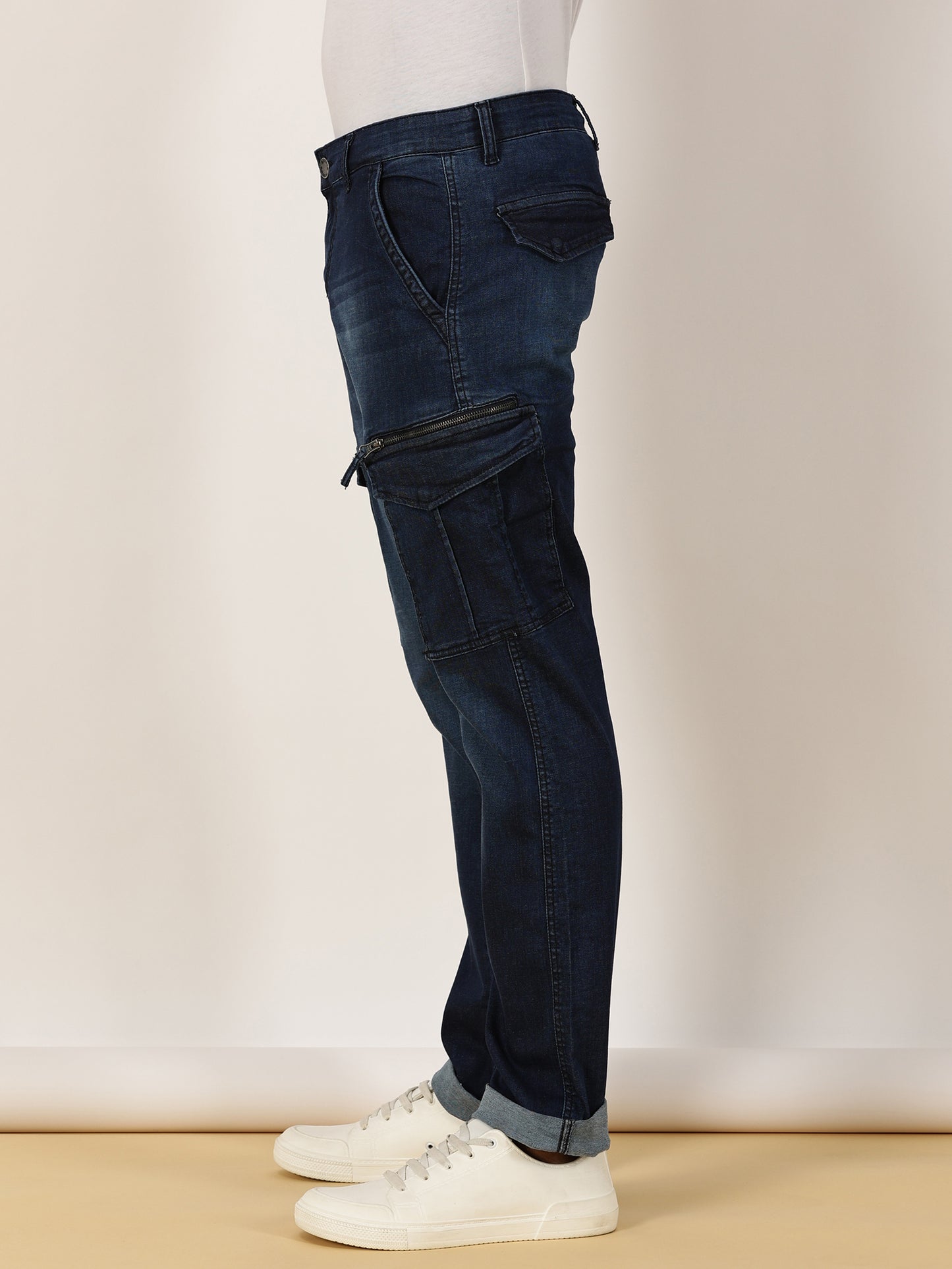 Multi Pocket Stretchable Dark Blue Denim Cargo