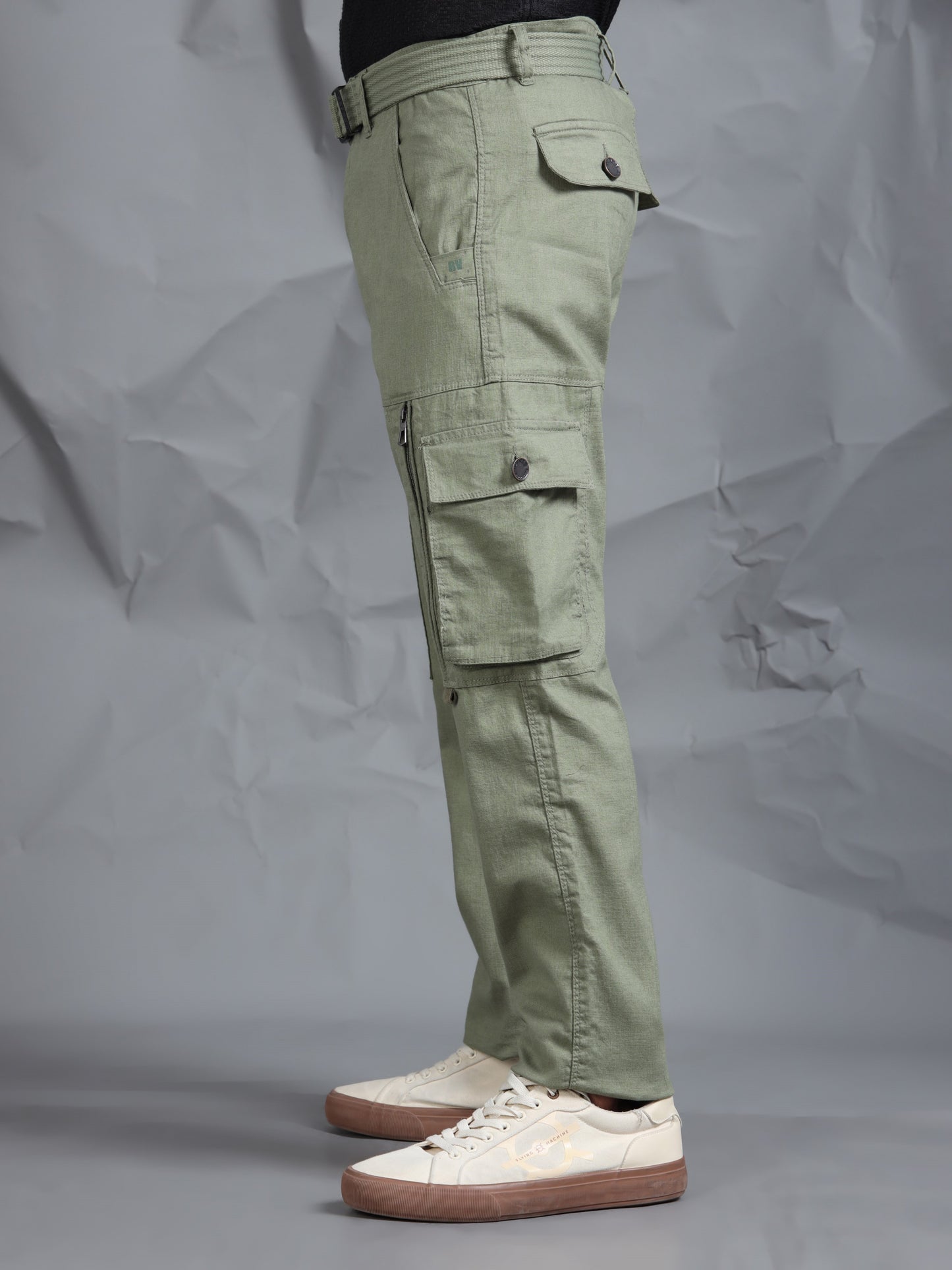 Cotton Lycra  Olive Mid Rise Cargo Pant with 8 Pockets