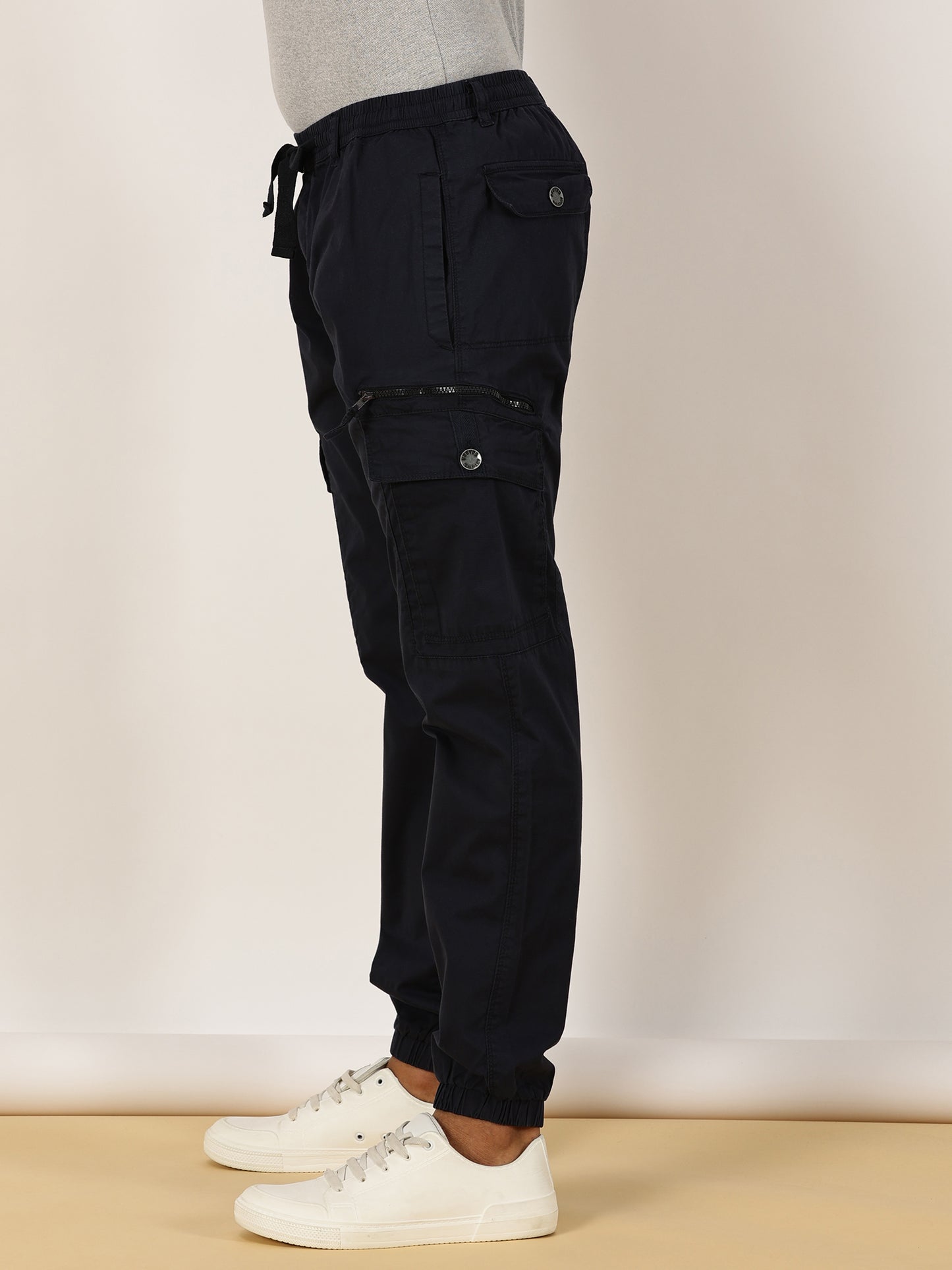 Elasticated Waist Zip Pocket Stretchable Navy Jogger Cargo