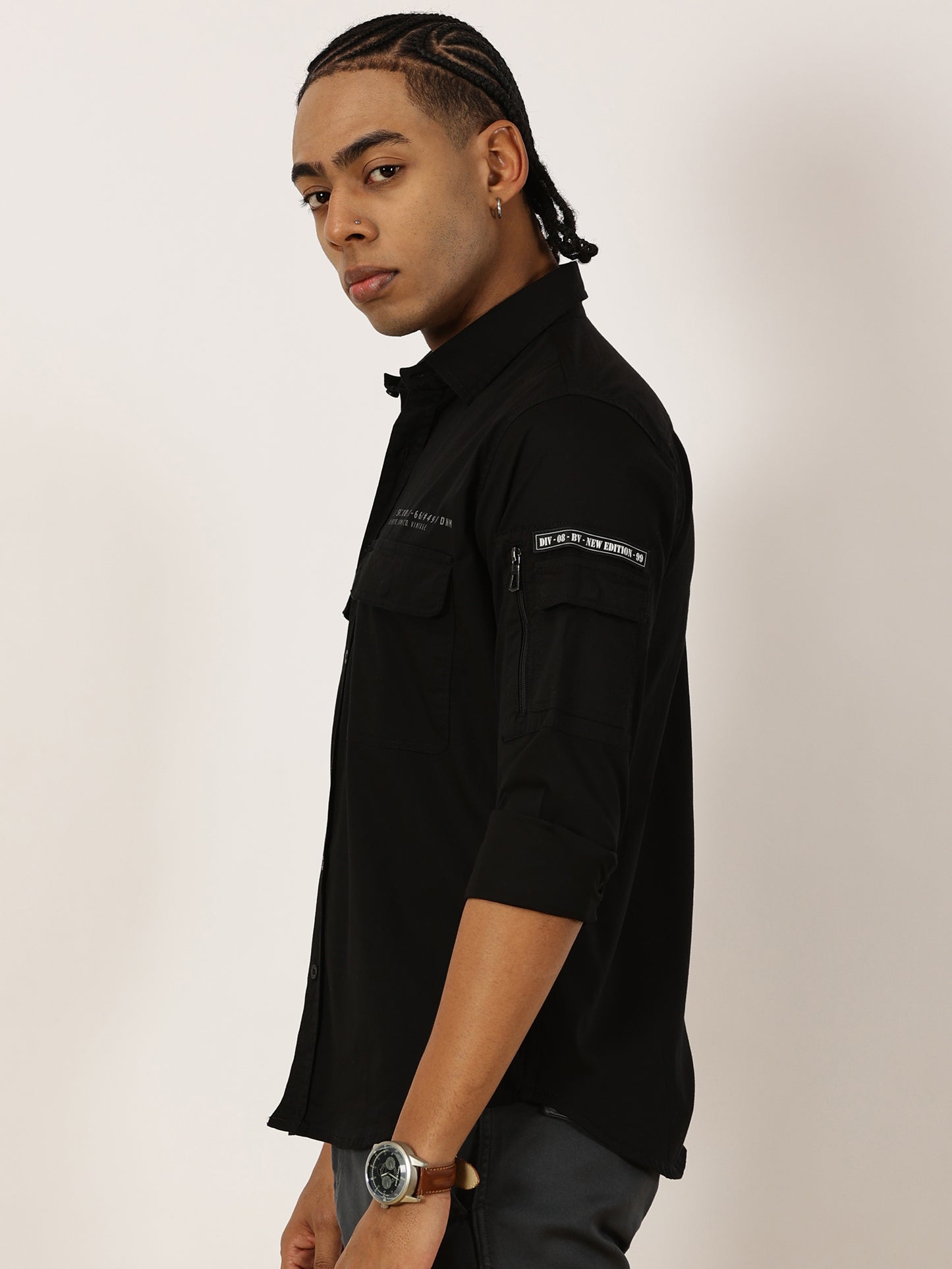 Zip Pocket Stretchable Black Cargo Shirt