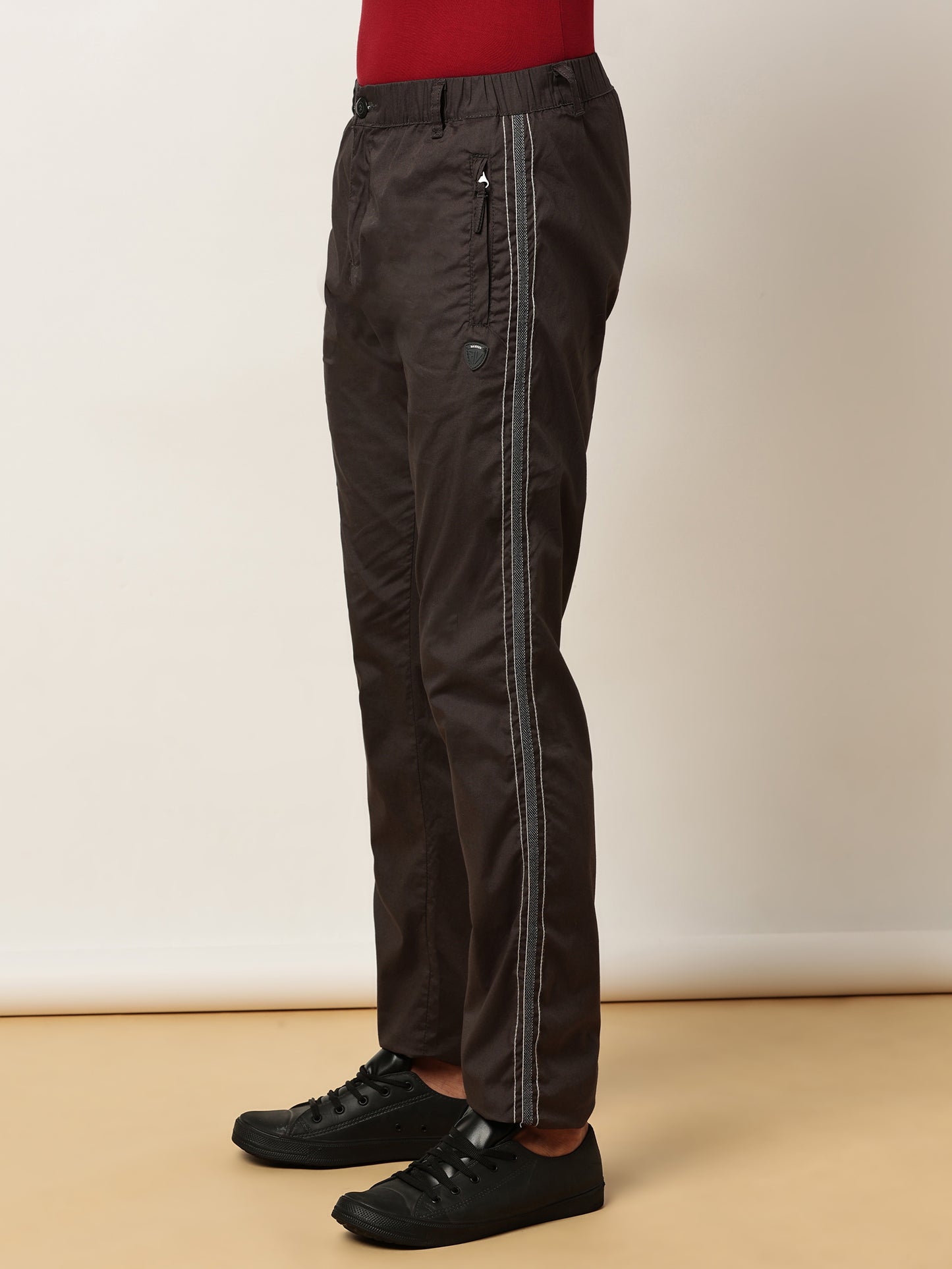 Elasticated Waist Zip Pocket Stretchable Grey Lounge Pants with Side Tape