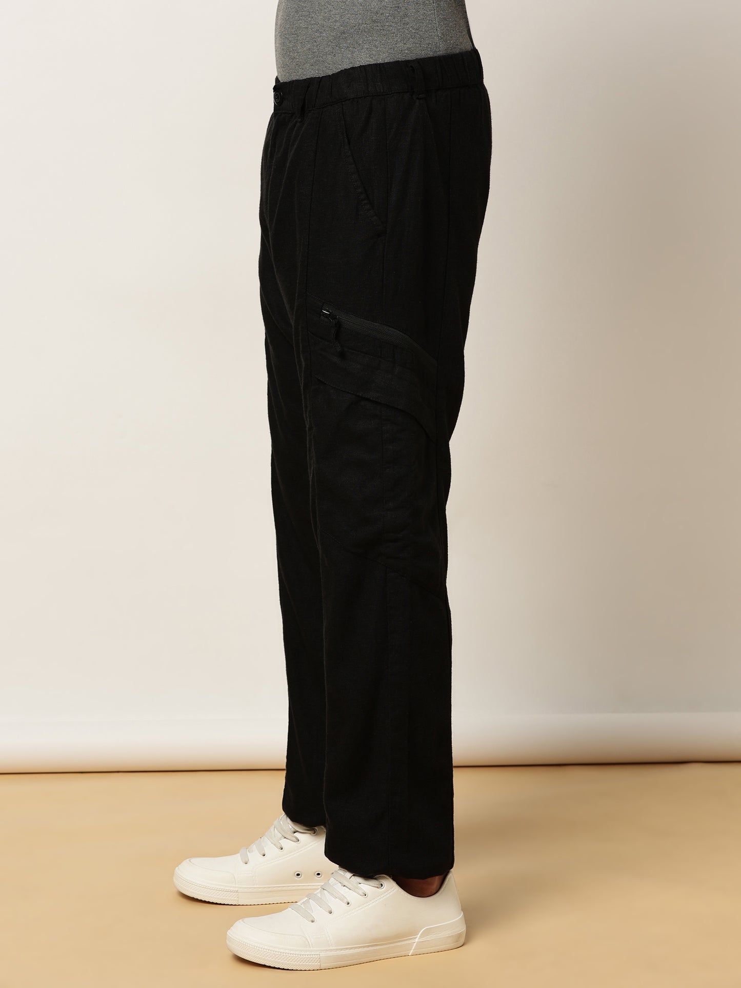 Linen Elasticated Waist Zip Pocket Black Lounge Pants