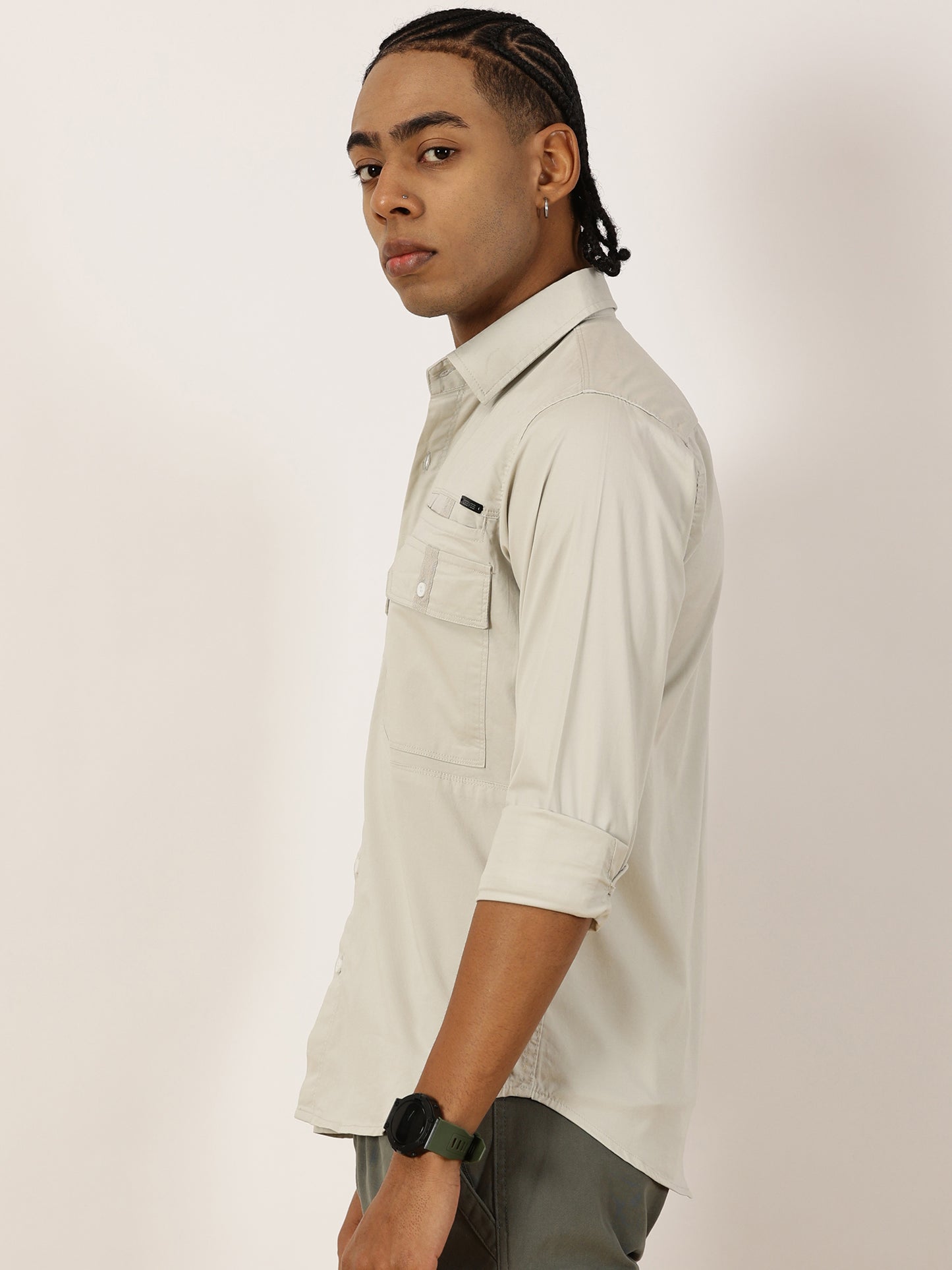 Double Pocket Stretchable Grey Cargo Shirt