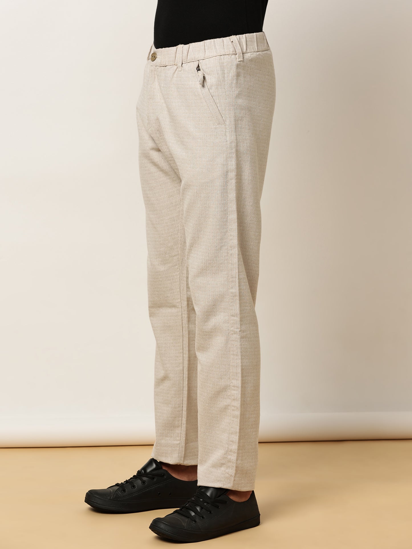 Yarn Dyed Elasticated  Waist Zip Pocket Beige Lounge Pants