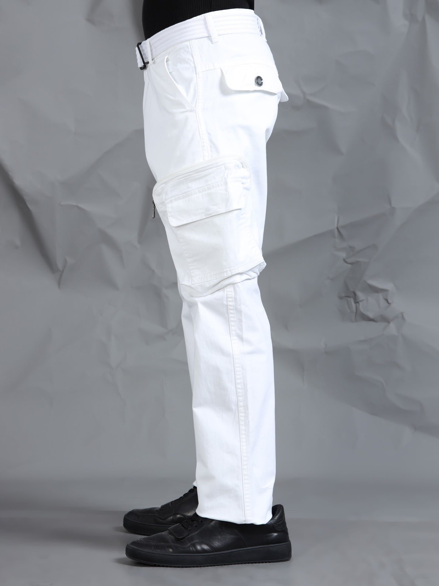 Cotton Lycra  White Mid Rise Cargo Pant with 8 Pockets