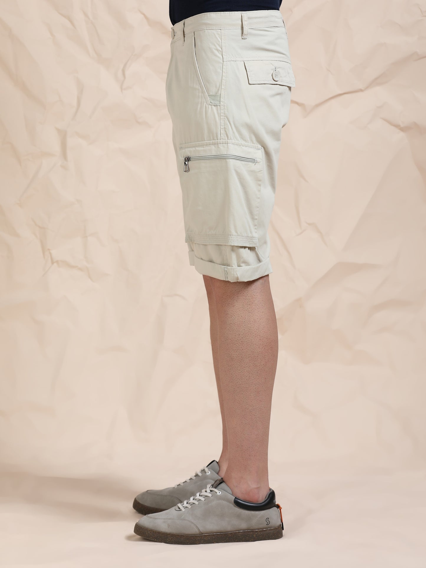 Solid Beige Cotton Shorts