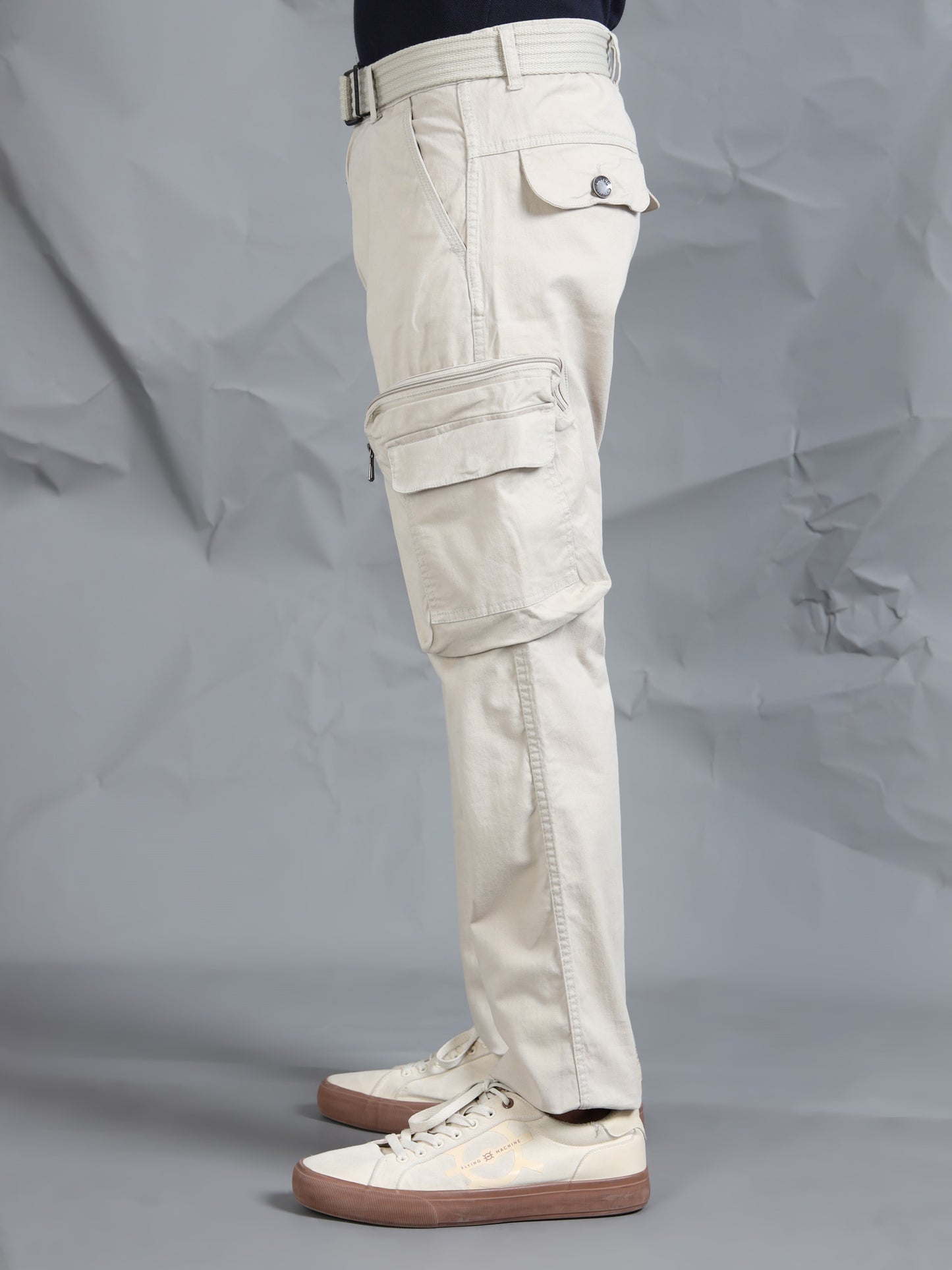 Cotton Lycra  Sand Mid Rise Cargo Pant with 8 Pockets