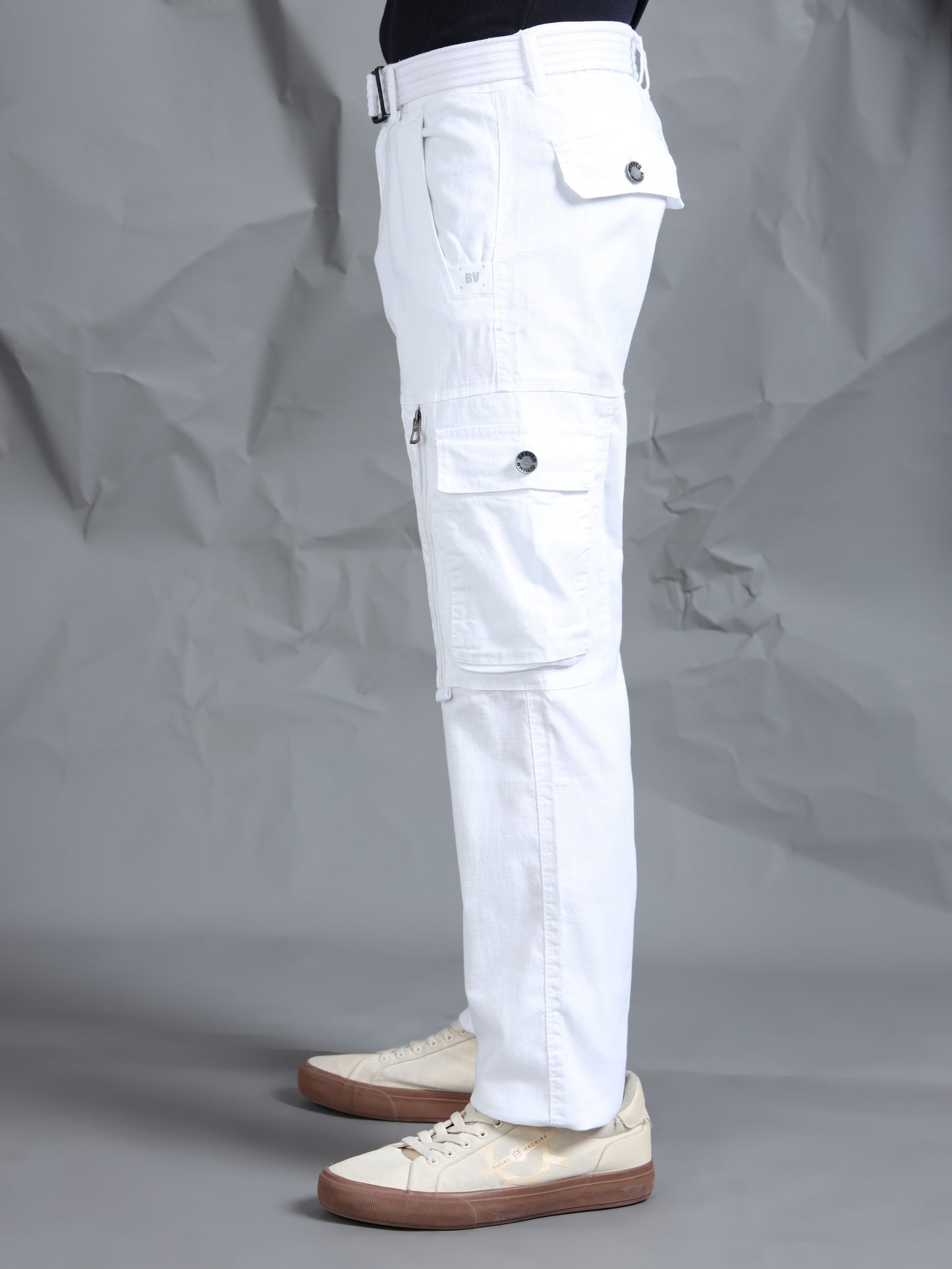Cotton Lycra  White Mid Rise Cargo Pant with 8 Pockets