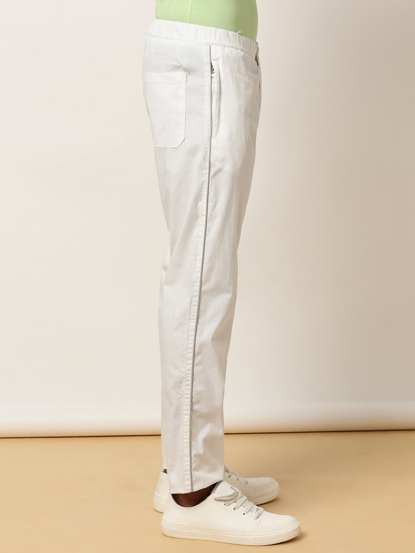 Elasticated Waist Zip Pocket Stretchable White Lounge Pants with Side Tape