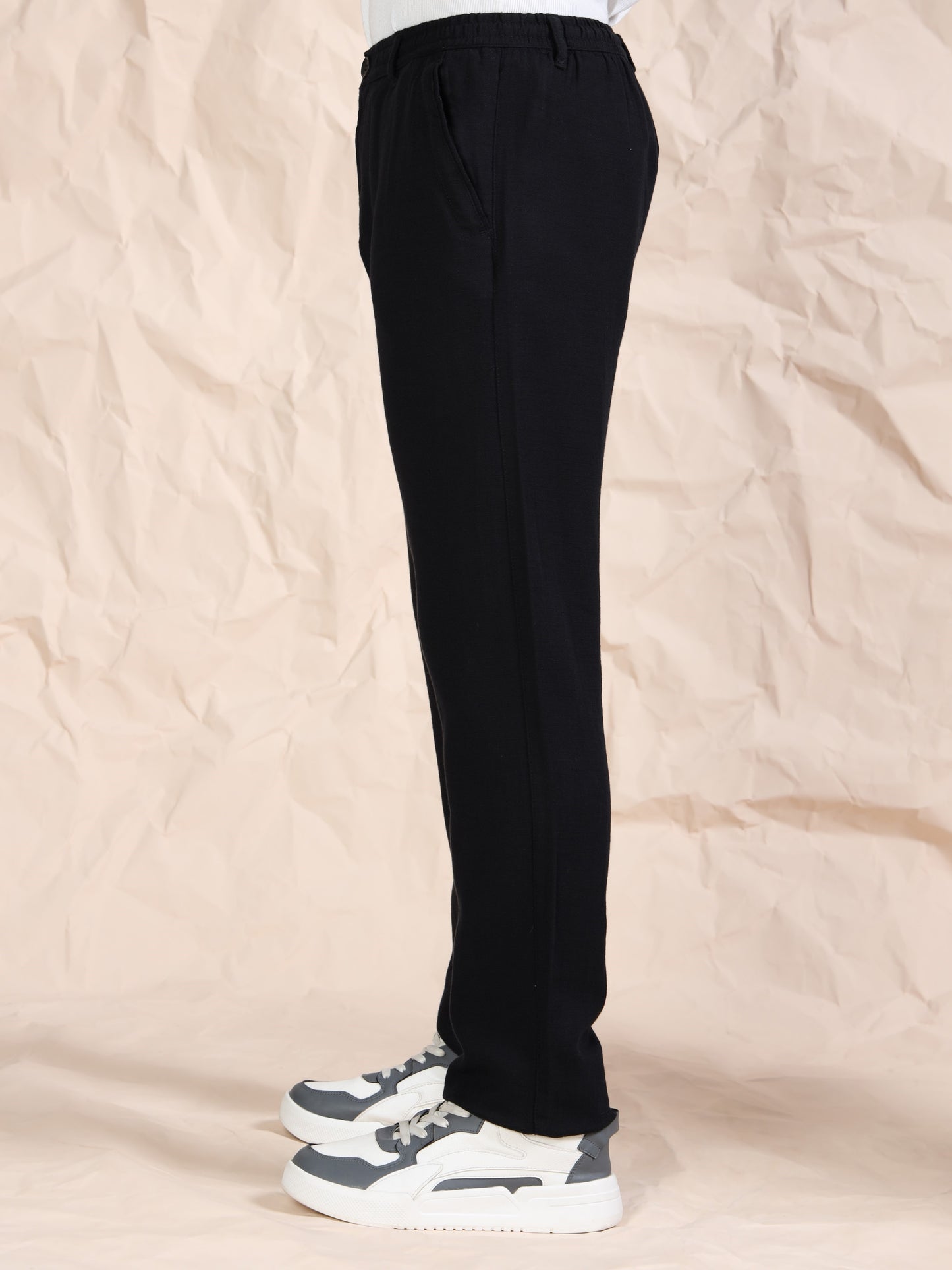 Black Cotton Linen Solid Mid Rise Pyjama