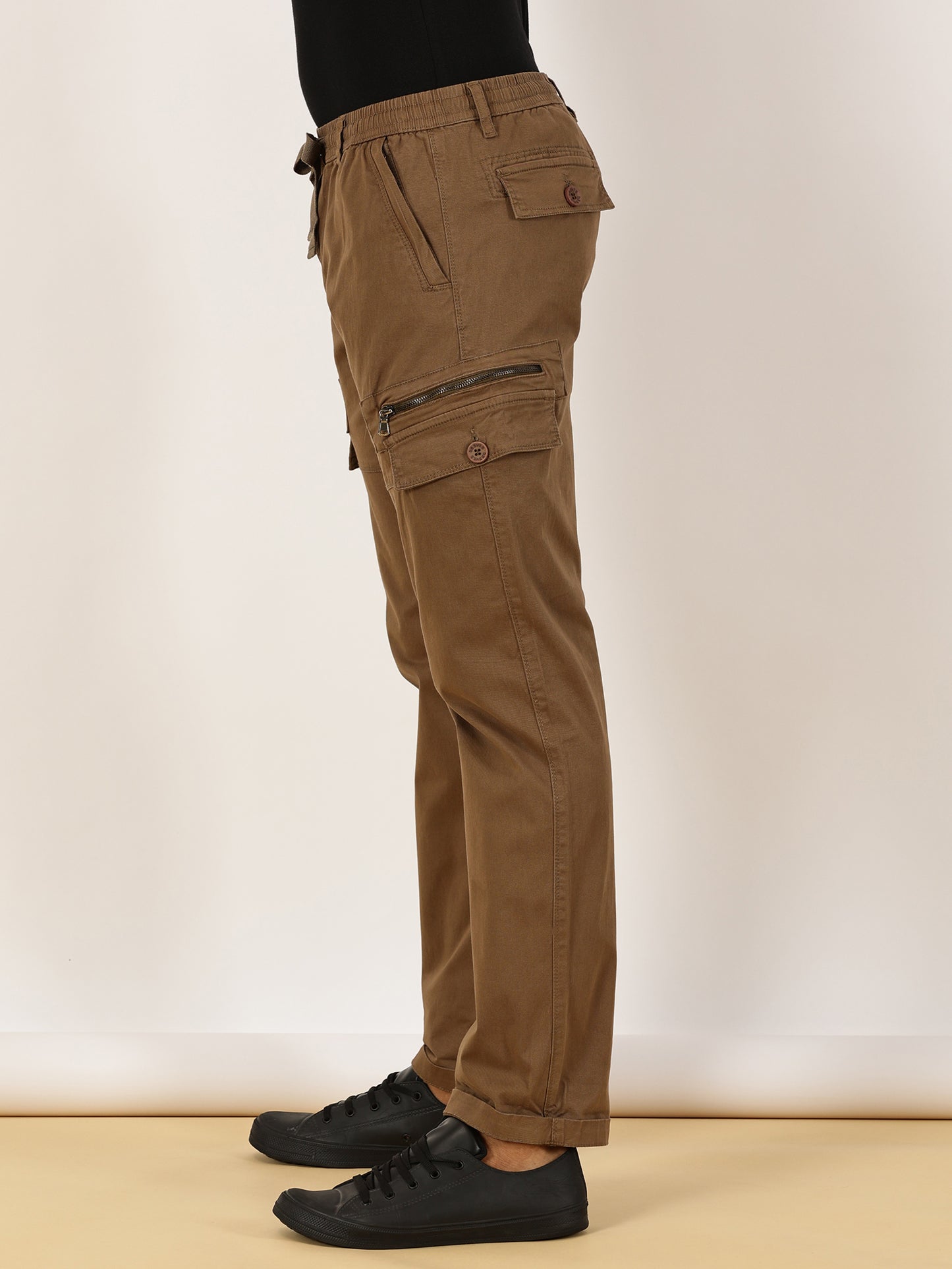 Elasticated Waist Multi Pocket Stretchable Brown Cargo
