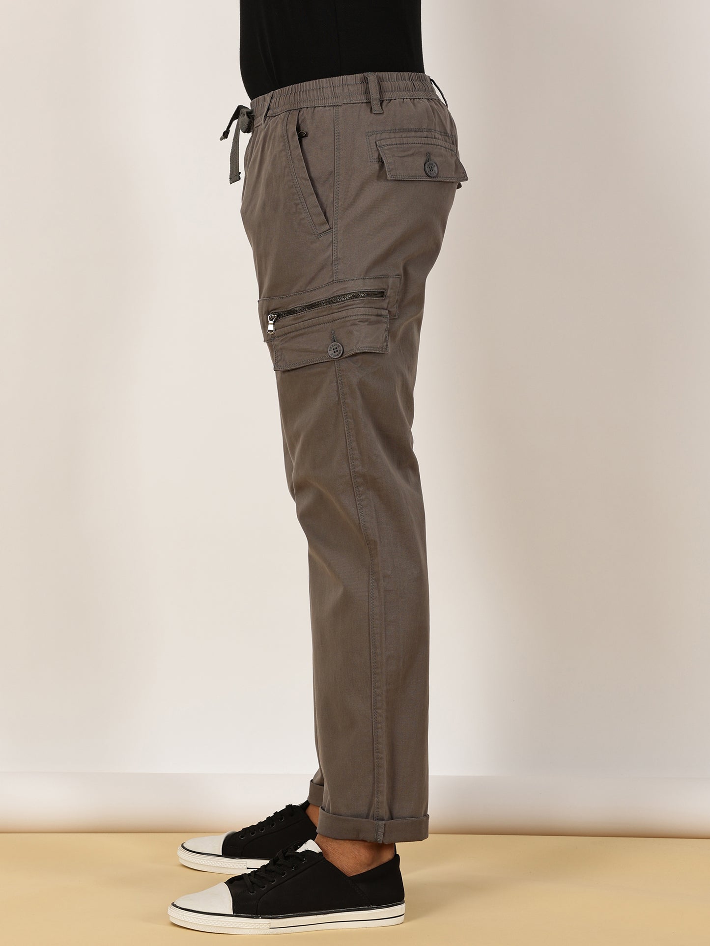 Elasticated Waist Multi Pocket Stretchable Grey Cargo