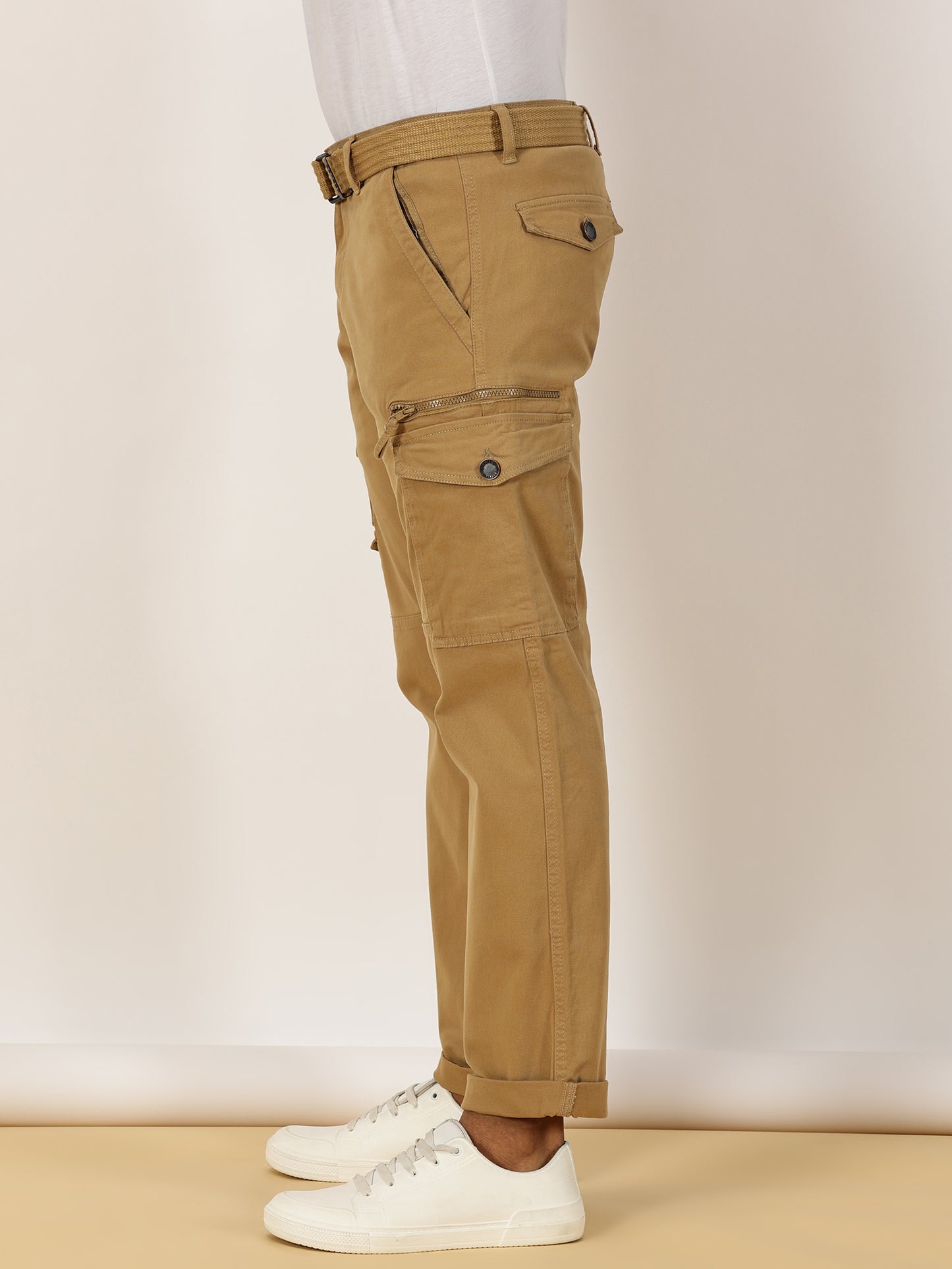 Zip Pocket Stretchable Khaki Cargo With Belt
