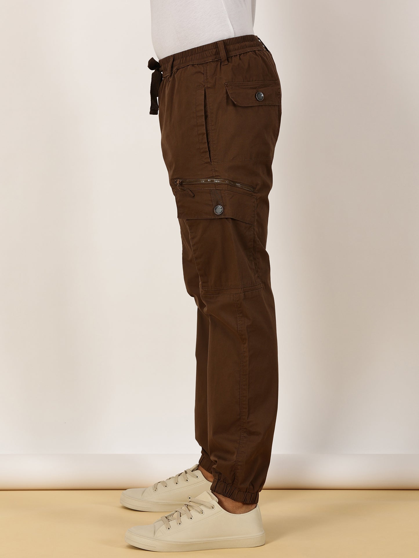 Elasticated Waist Zip Pocket Stretchable Brown Jogger Cargo