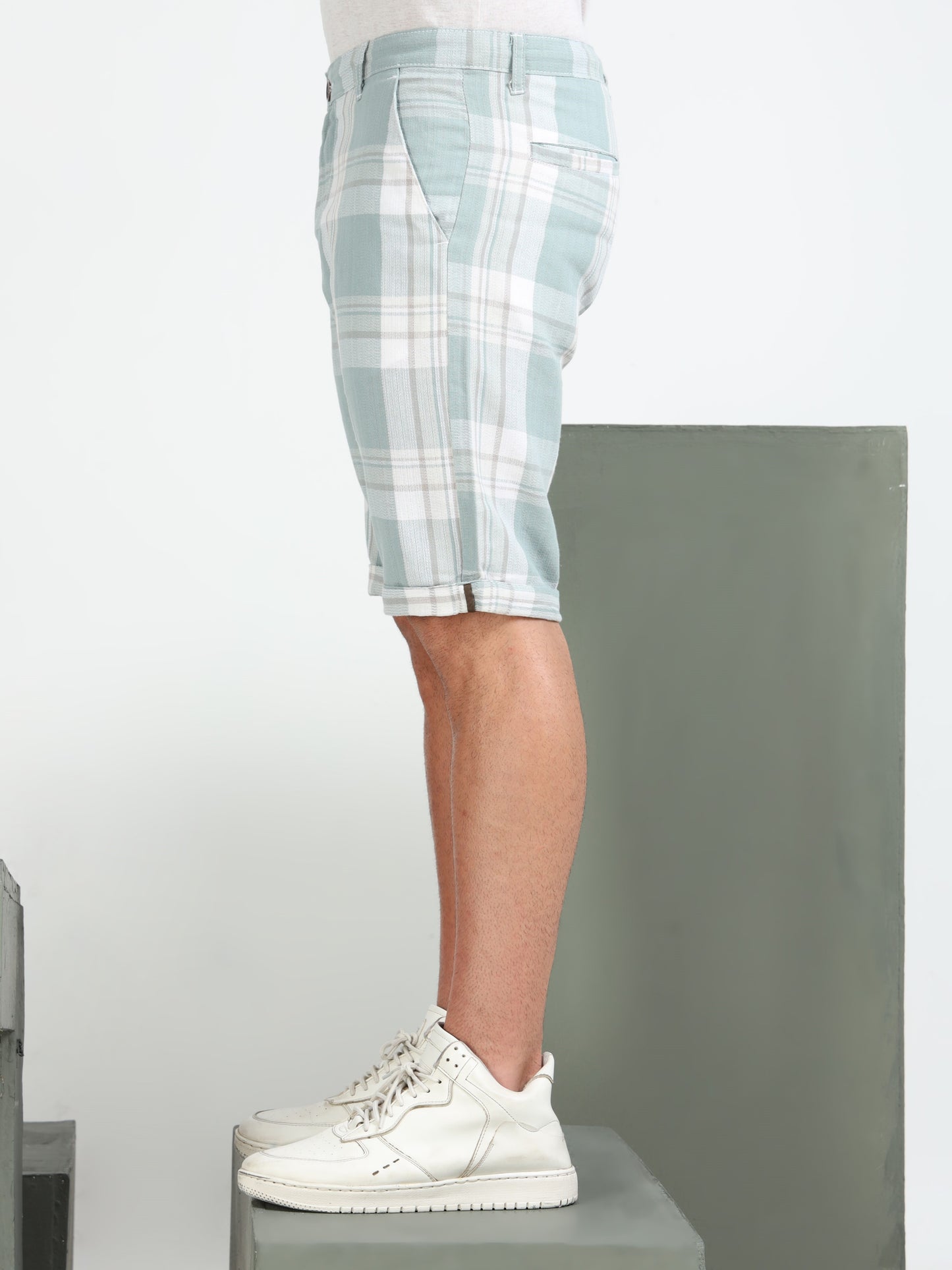 Green Yarn Dyed Cotton Checkered Shorts.