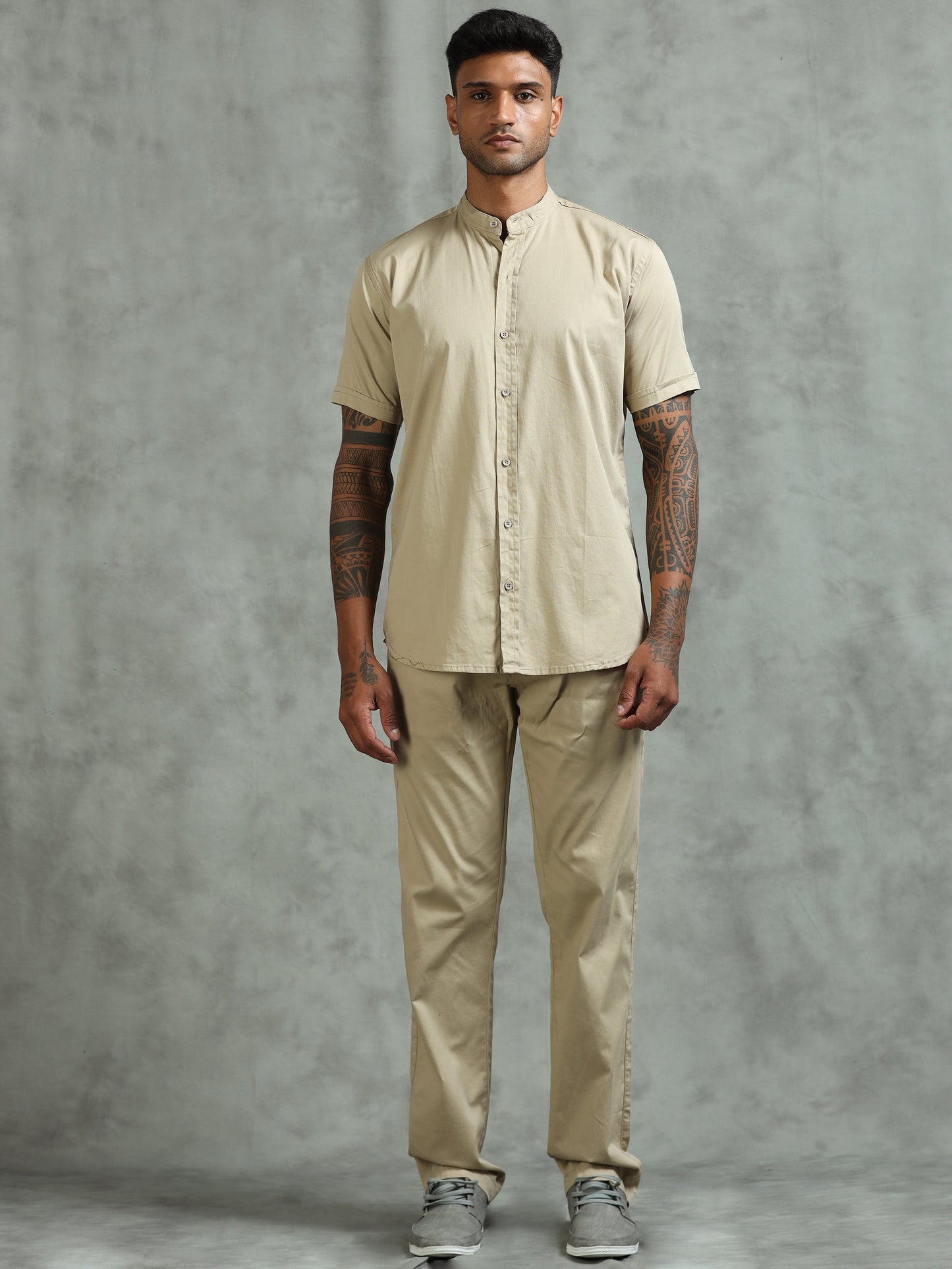 Beige Regular Fit Half Sleeve Solid Casual Co-ord Sets