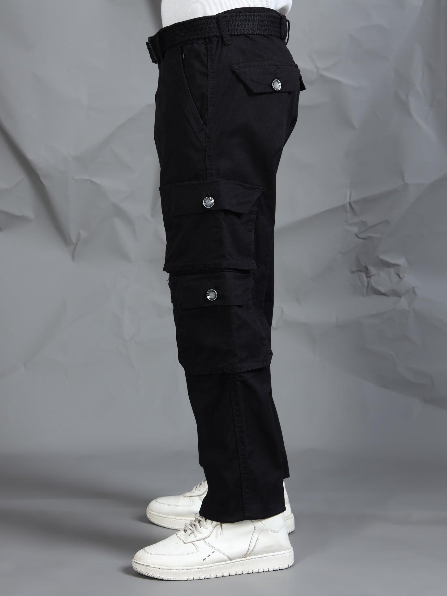 Cotton Lycra Black  Mid Rise Cargo Pant with 7 Pockets