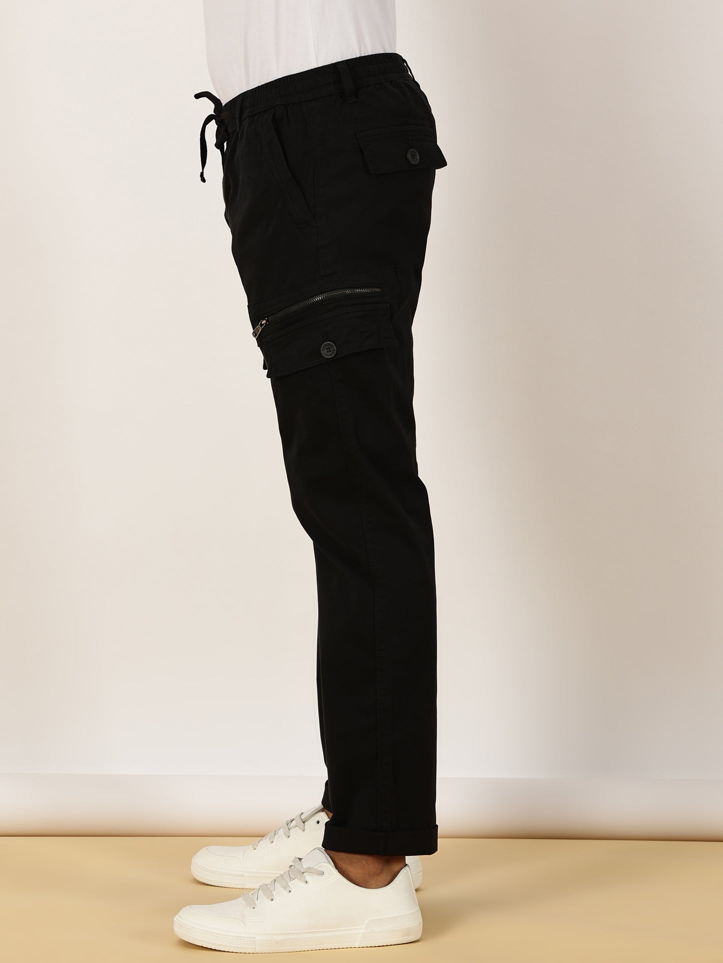 Elasticated Waist Multi Pocket Stretchable Black Cargo