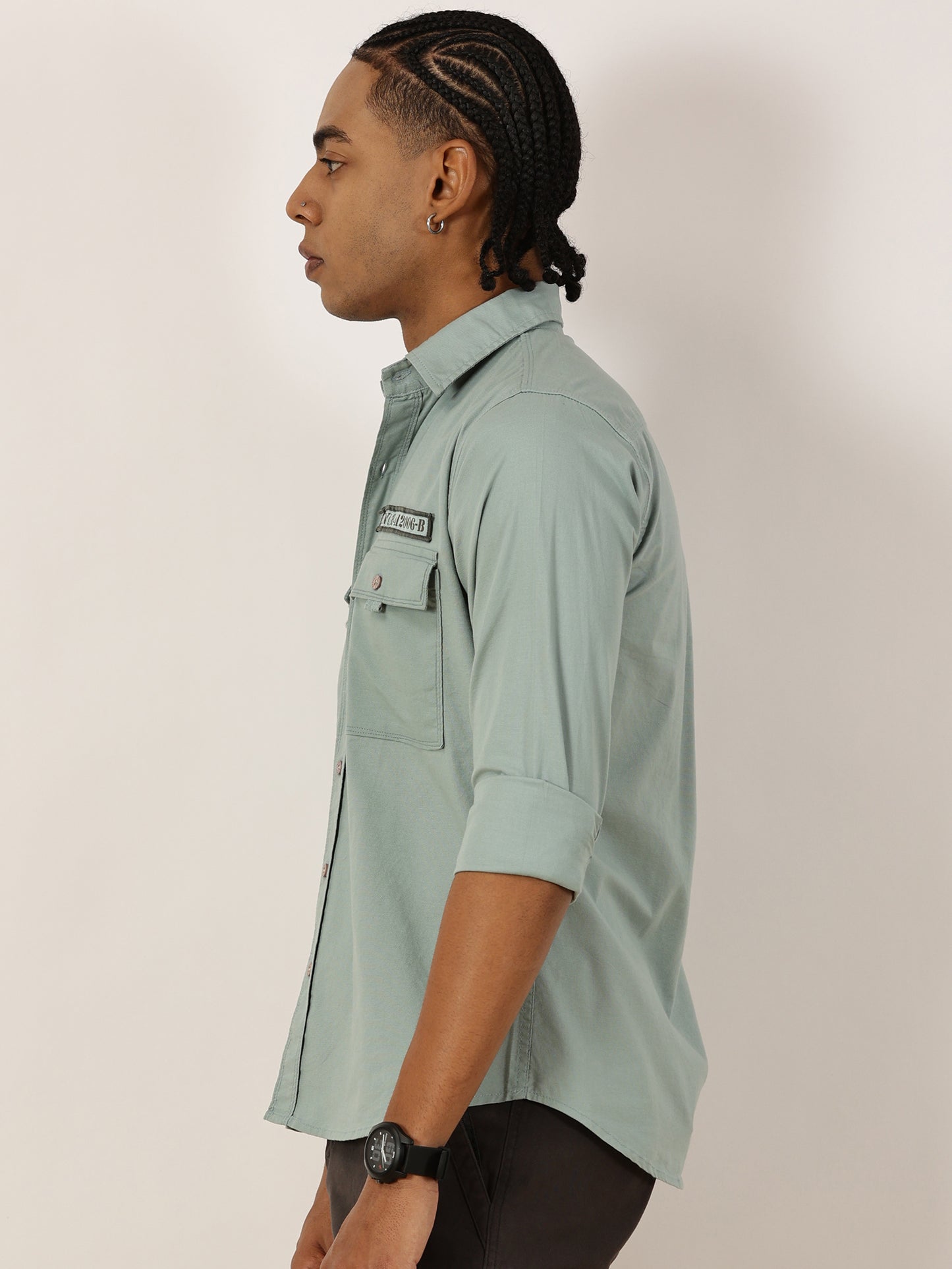 Zip Pocket Stretchable Green Cargo Shirt