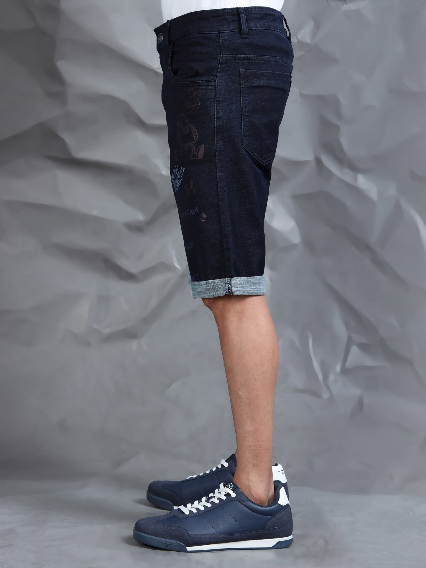 Cotton Navy Text Printed Casual Shorts
