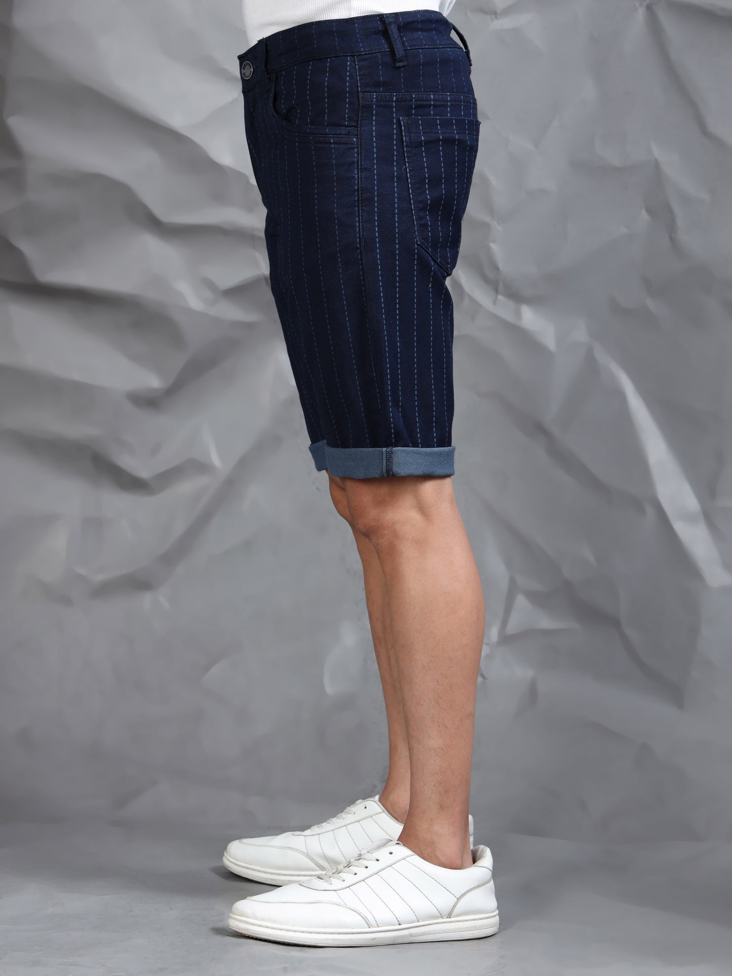 Indigo Striped Cotton Blend Denim Shorts