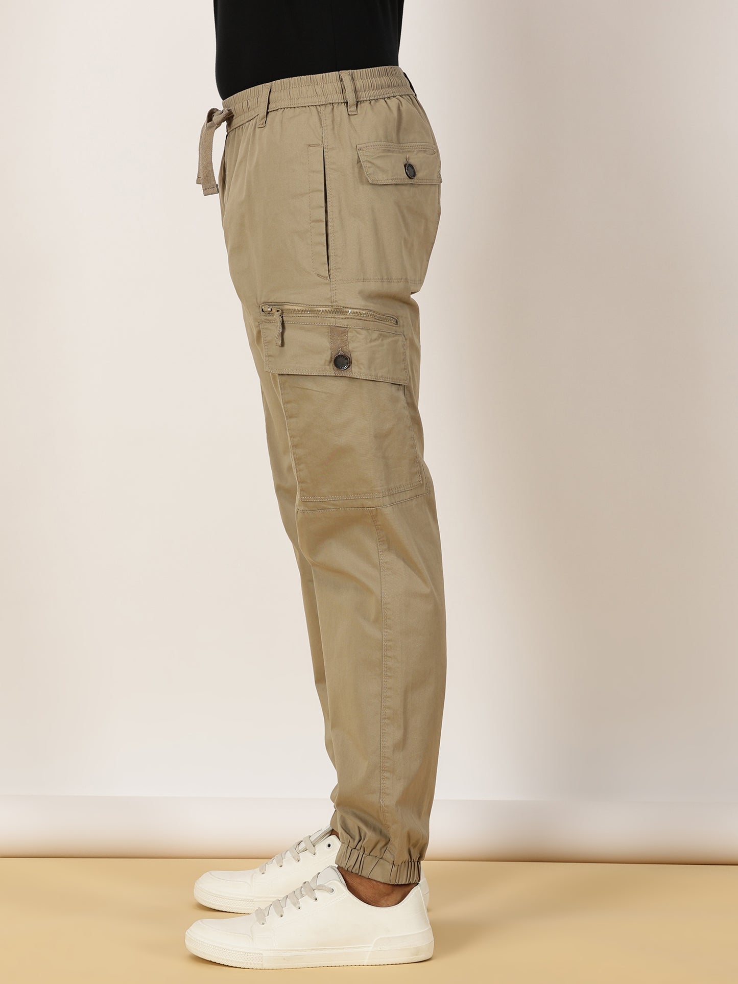 Elasticated Waist Zip Pocket Stretchable Beige Jogger Cargo