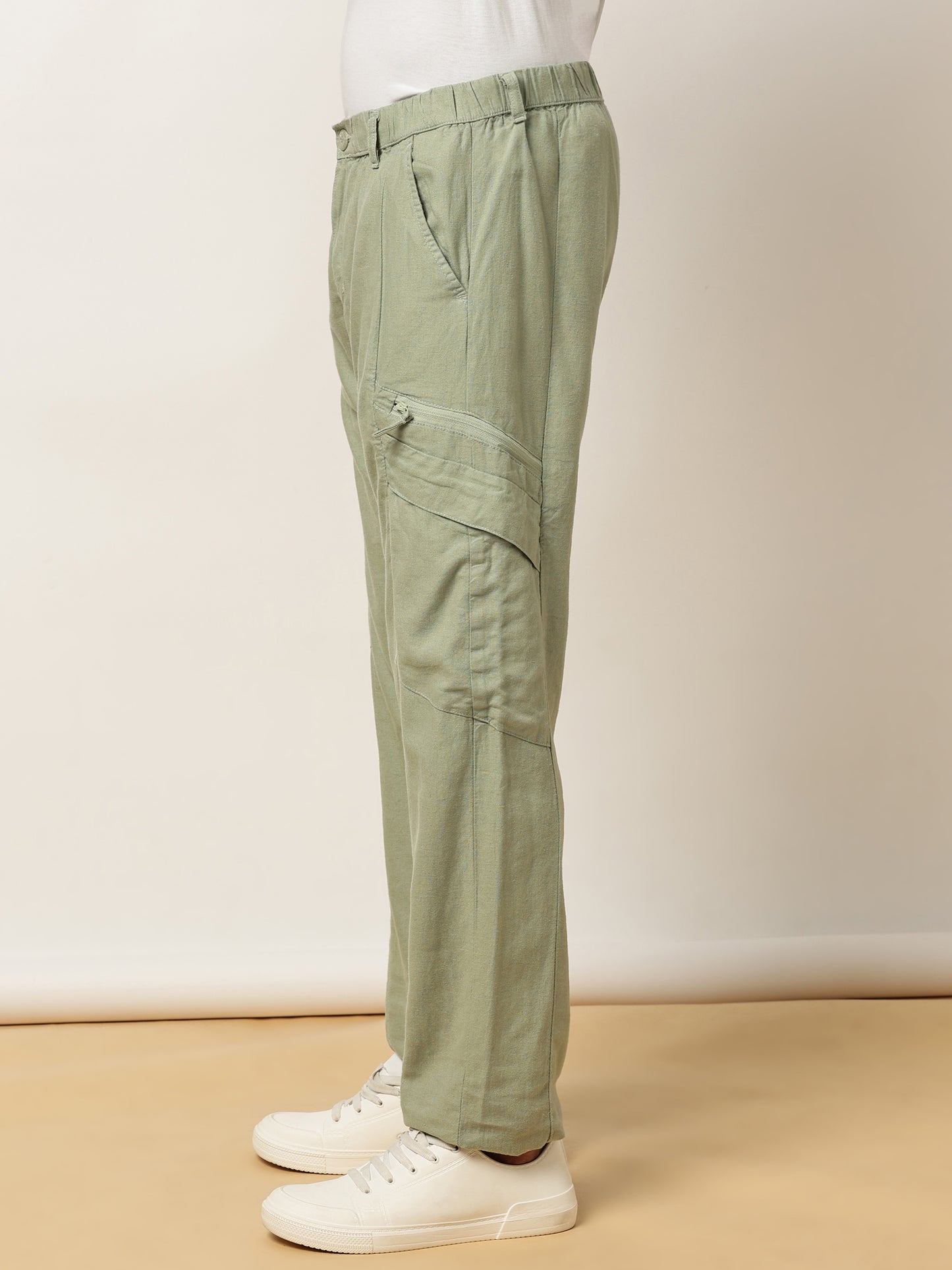 Linen Elasticated Waist Zip Pocket Green Lounge Pants